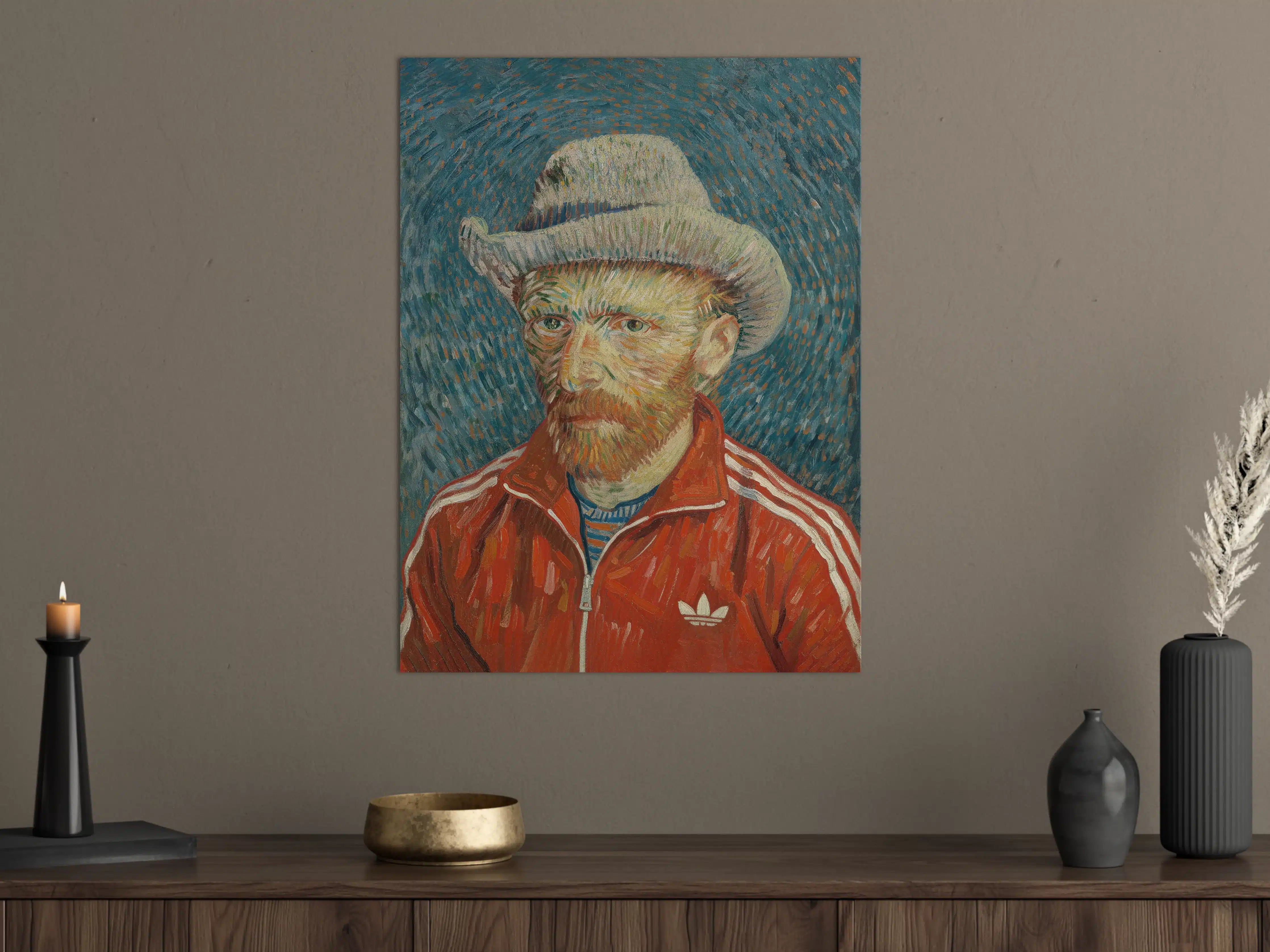 Große Wandbilder - Vincent van Gogh Stilporträt mit rotem Adidas-Trainingsanzug und Melone