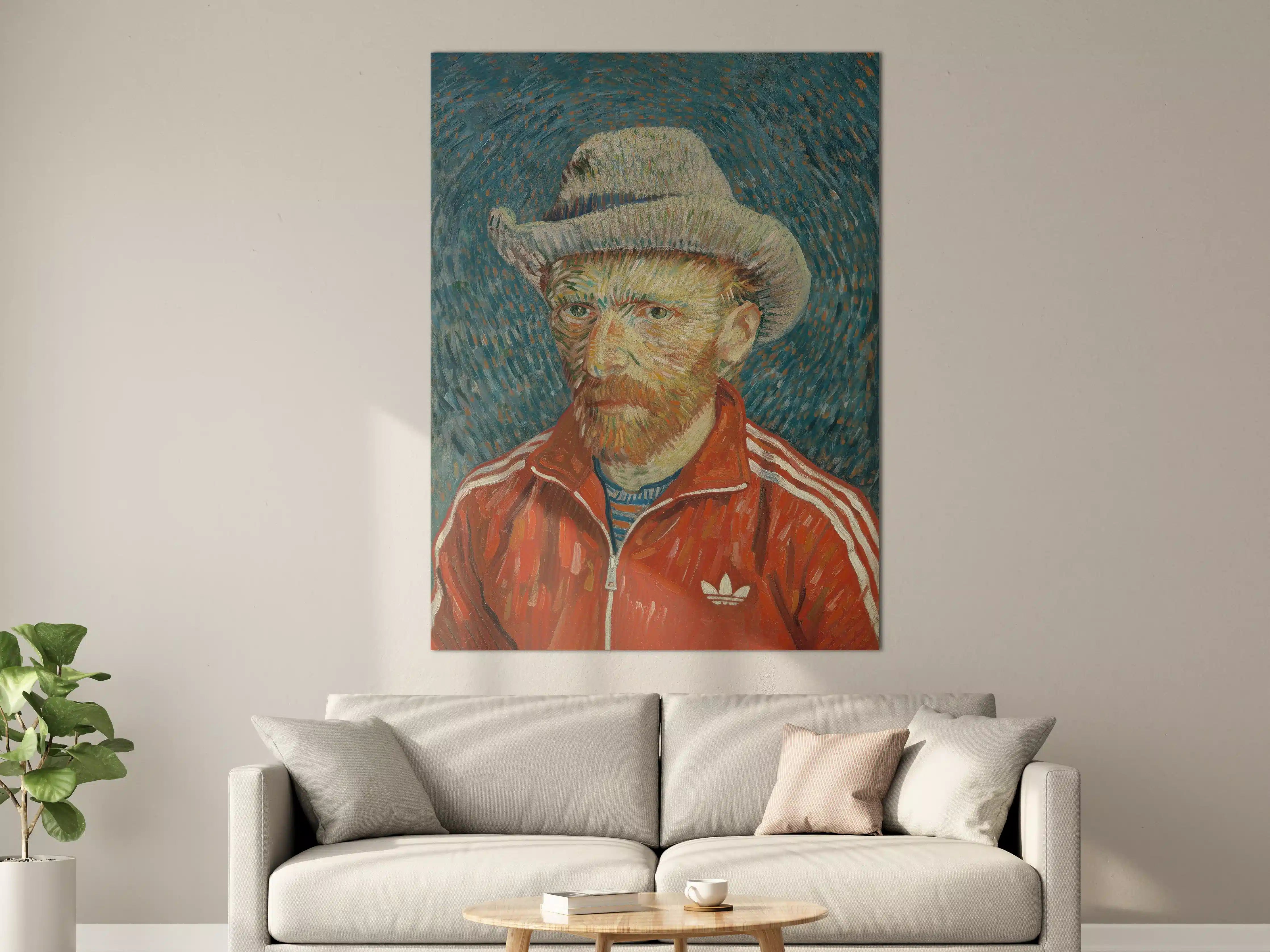 Große Wandbilder - Vincent van Gogh Stilporträt mit rotem Adidas-Trainingsanzug und Melone