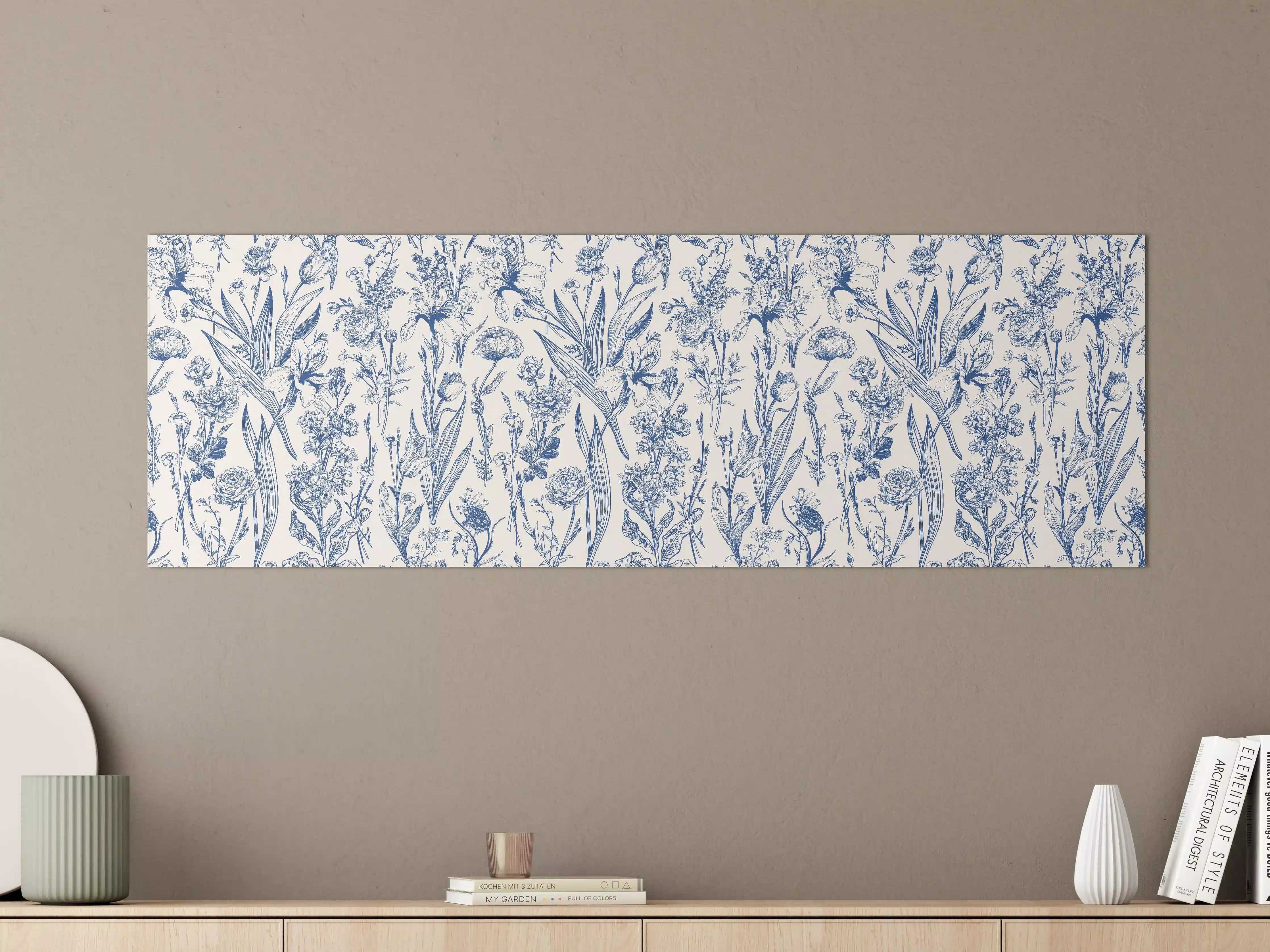 Große Wandbilder - Vintage-Blumenmuster Azurblau
