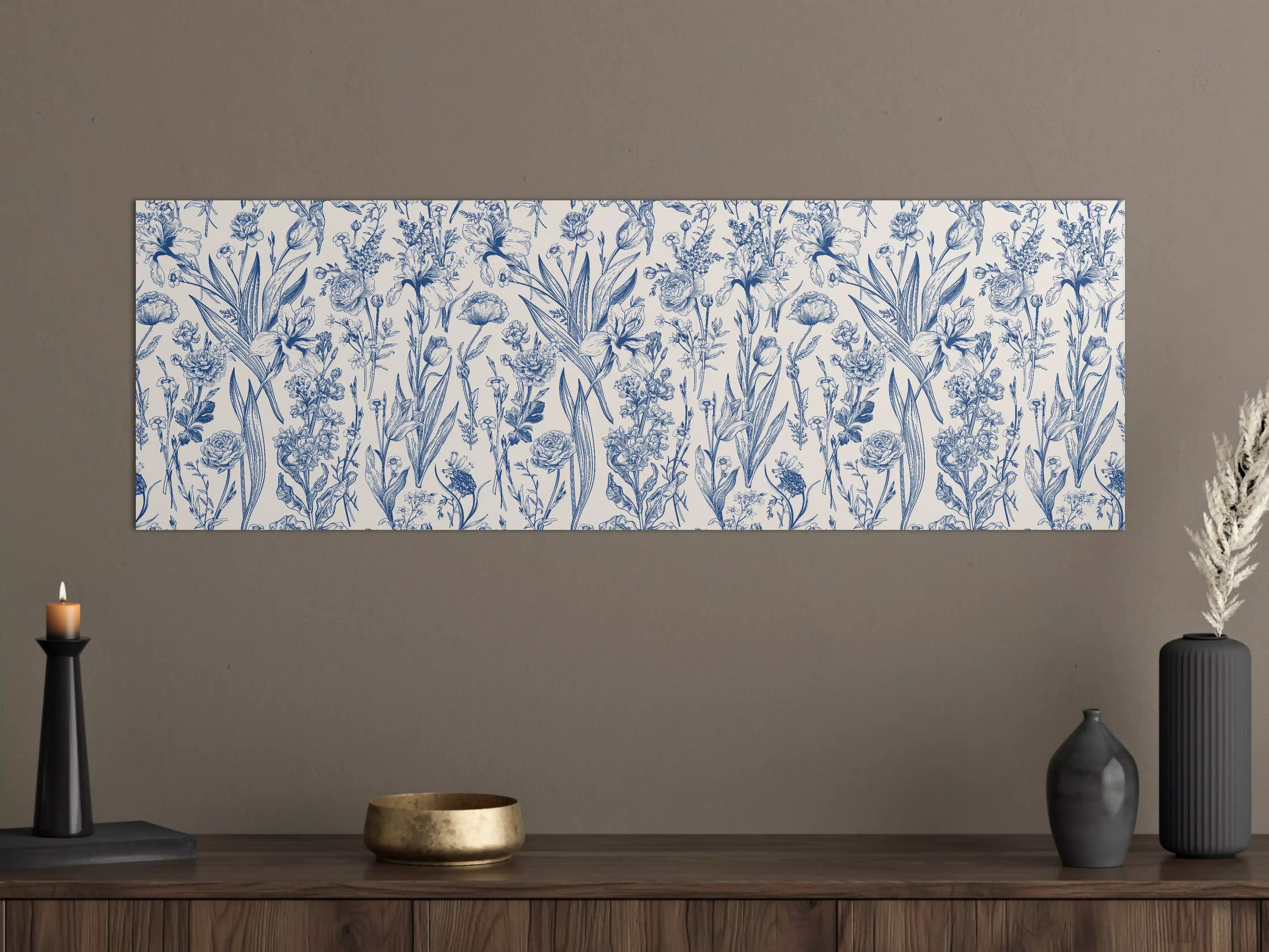 Große Wandbilder - Vintage-Blumenmuster Azurblau