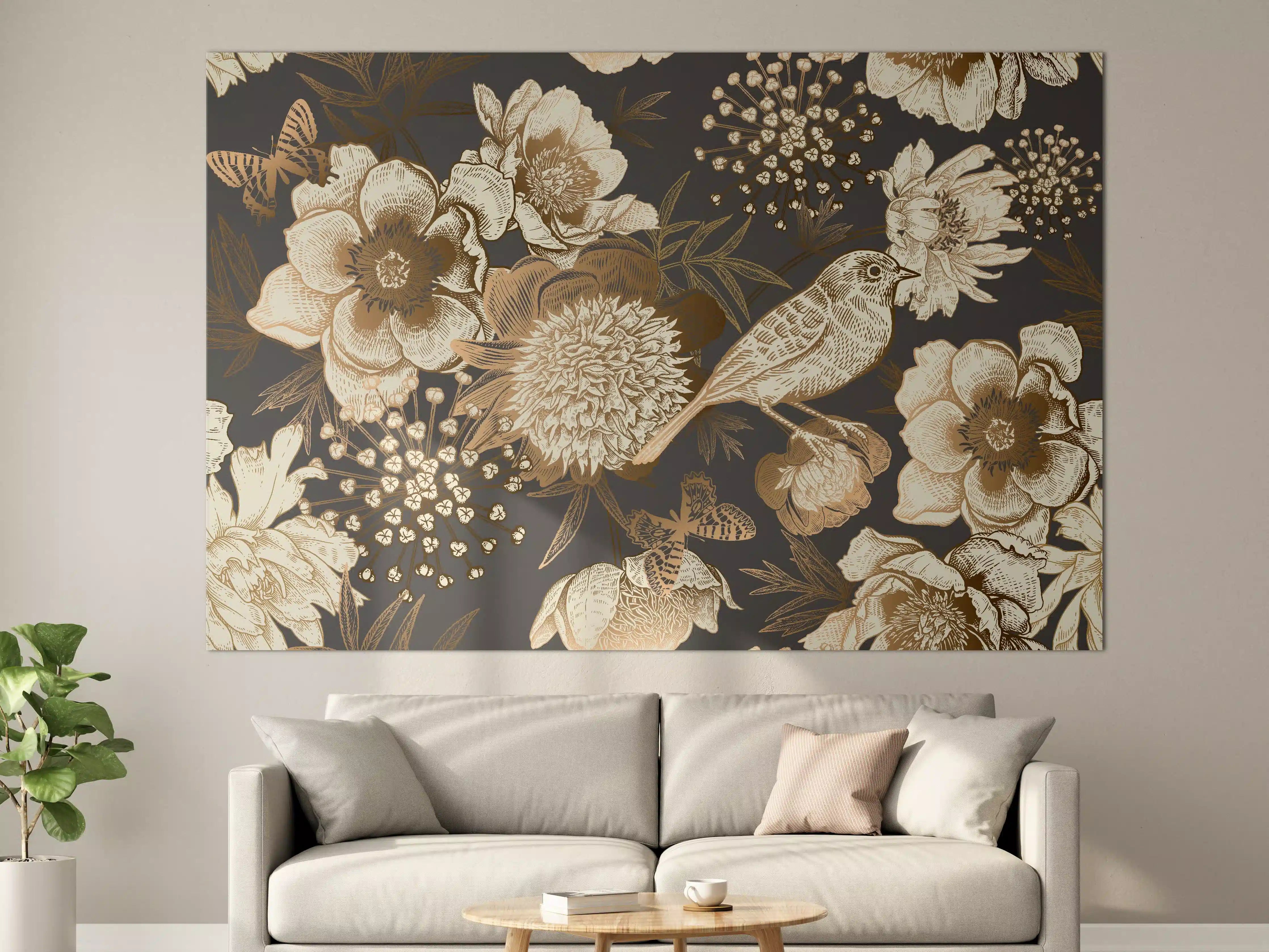 Große Wandbilder - Vintage Goldbraun Pfauenmuster