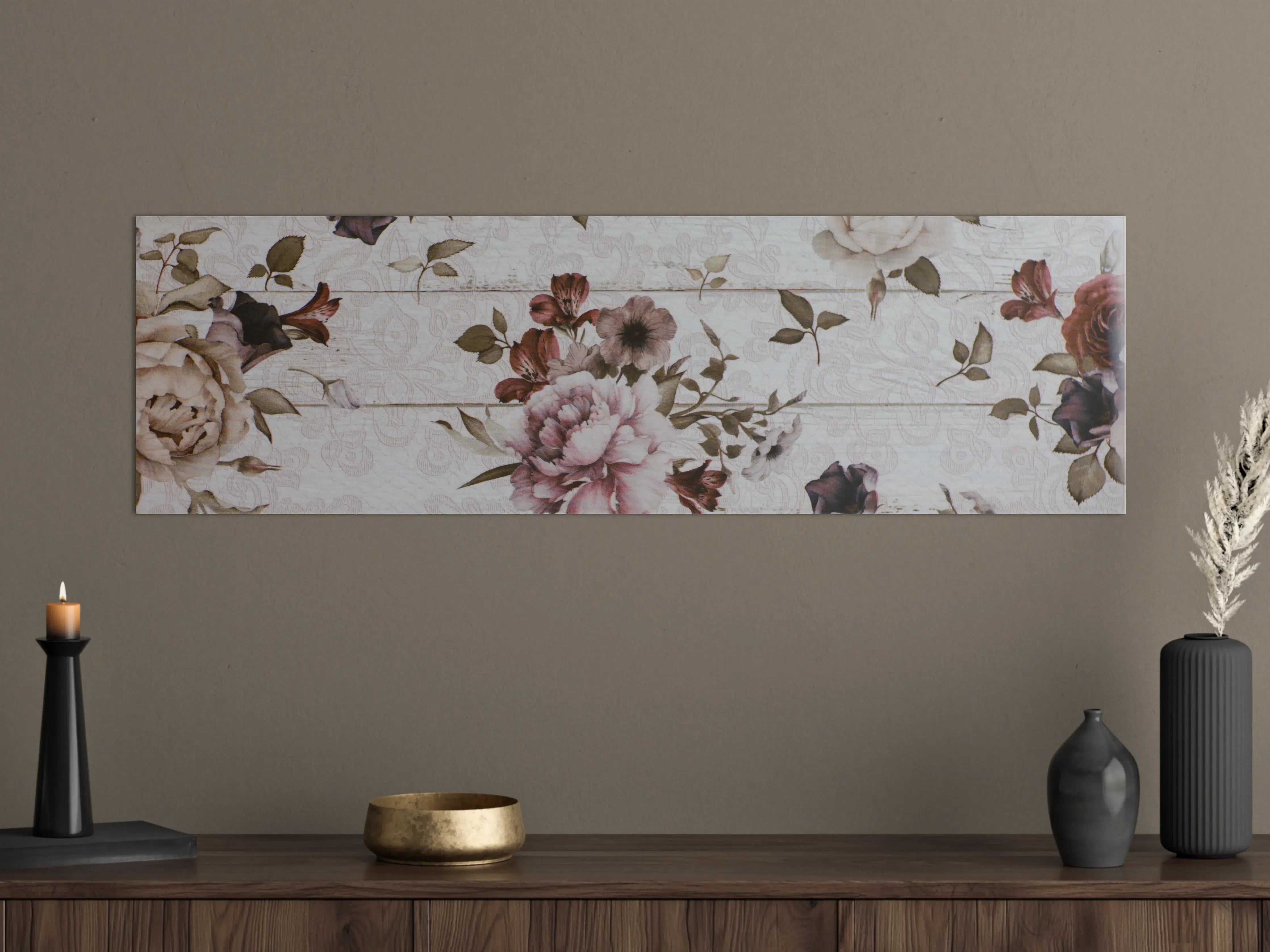 Große Wandbilder - Vintage-Holzpaneele mit Blumenmuster