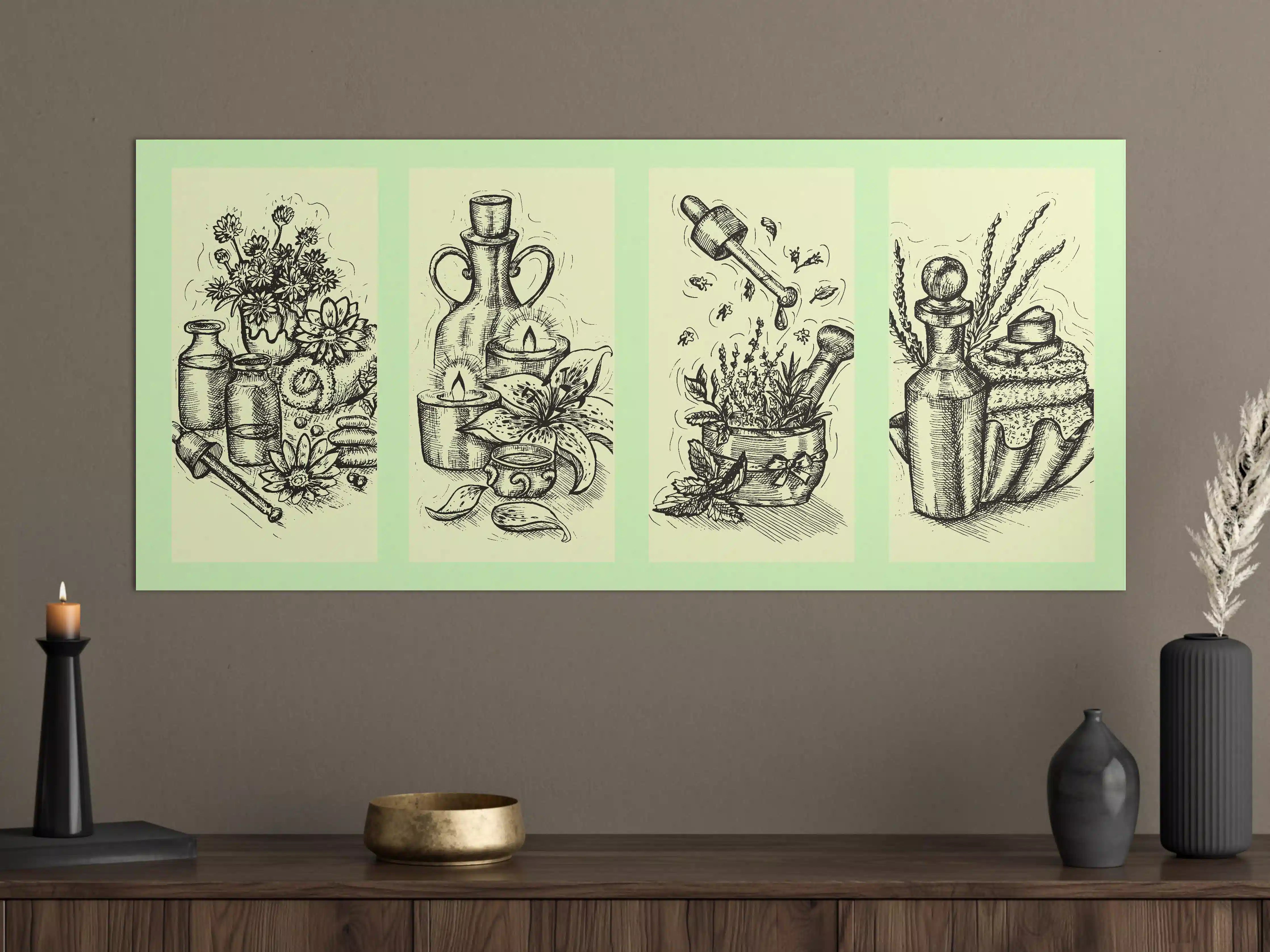 Große Wandbilder - Vintage-Kräuterkunst mit natürlichen Farben