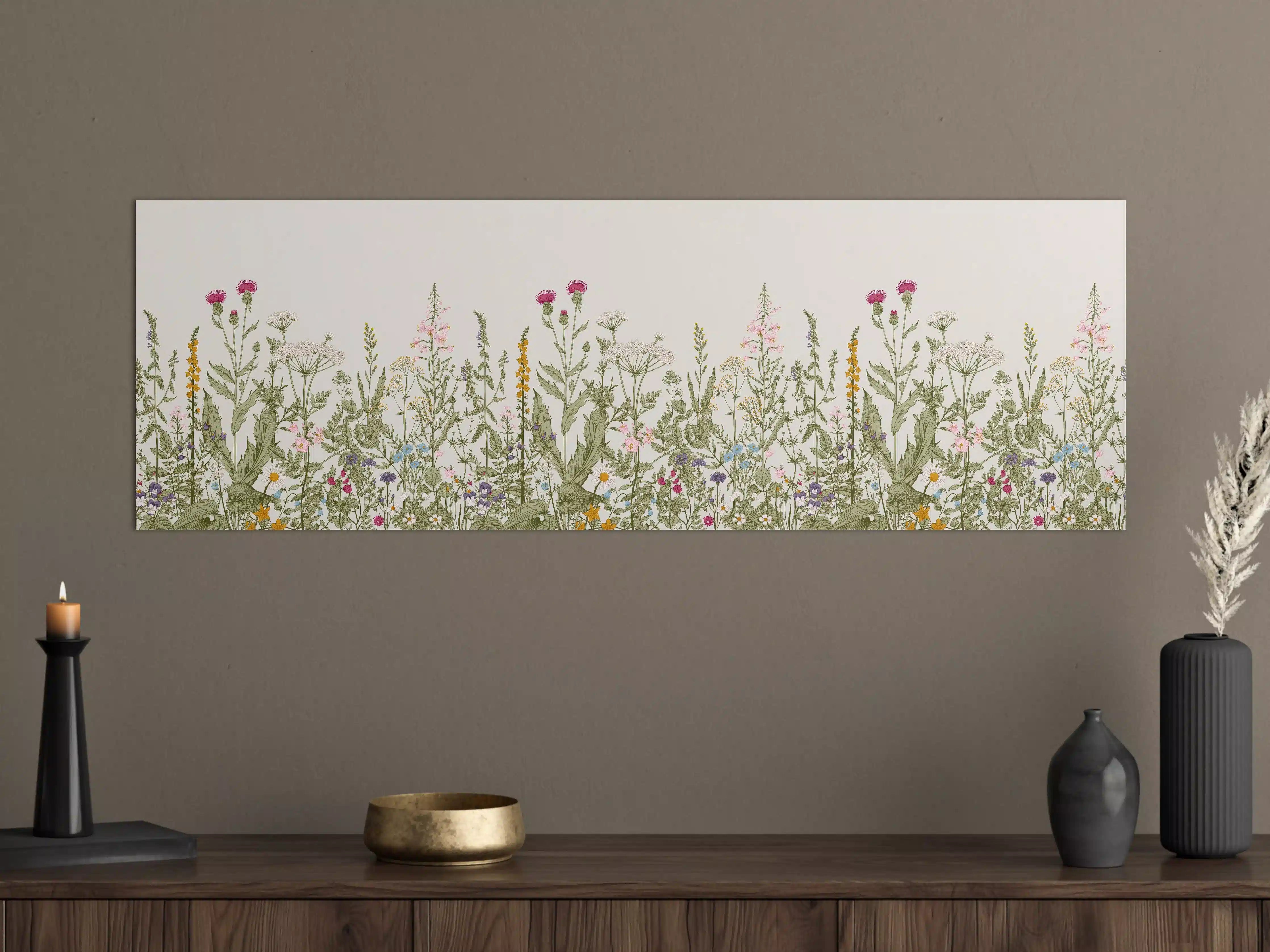 Große Wandbilder - Vintage Wiesenblumen Bordüre Beige-Grün