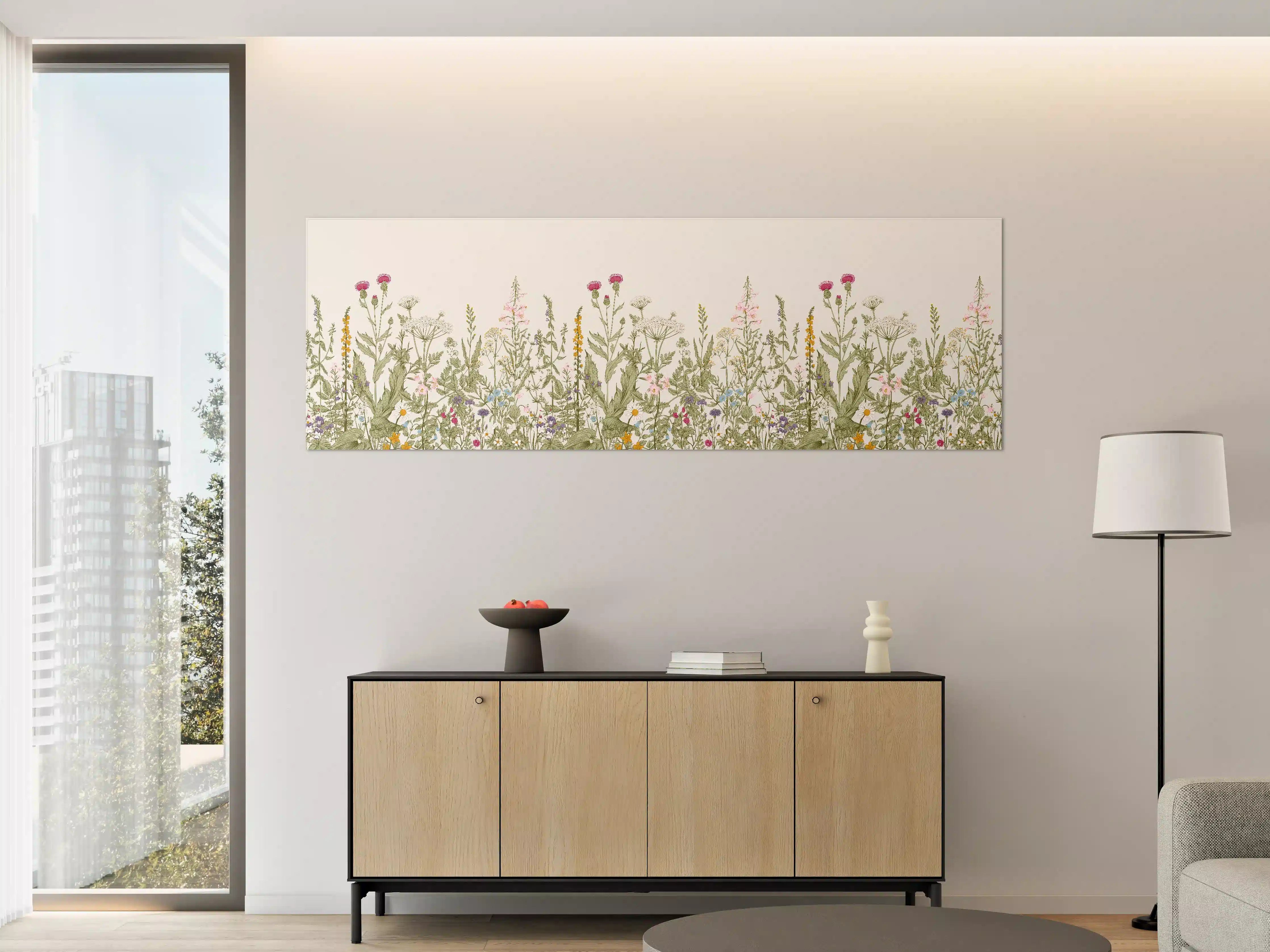 Große Wandbilder - Vintage Wiesenblumen Bordüre Beige-Grün