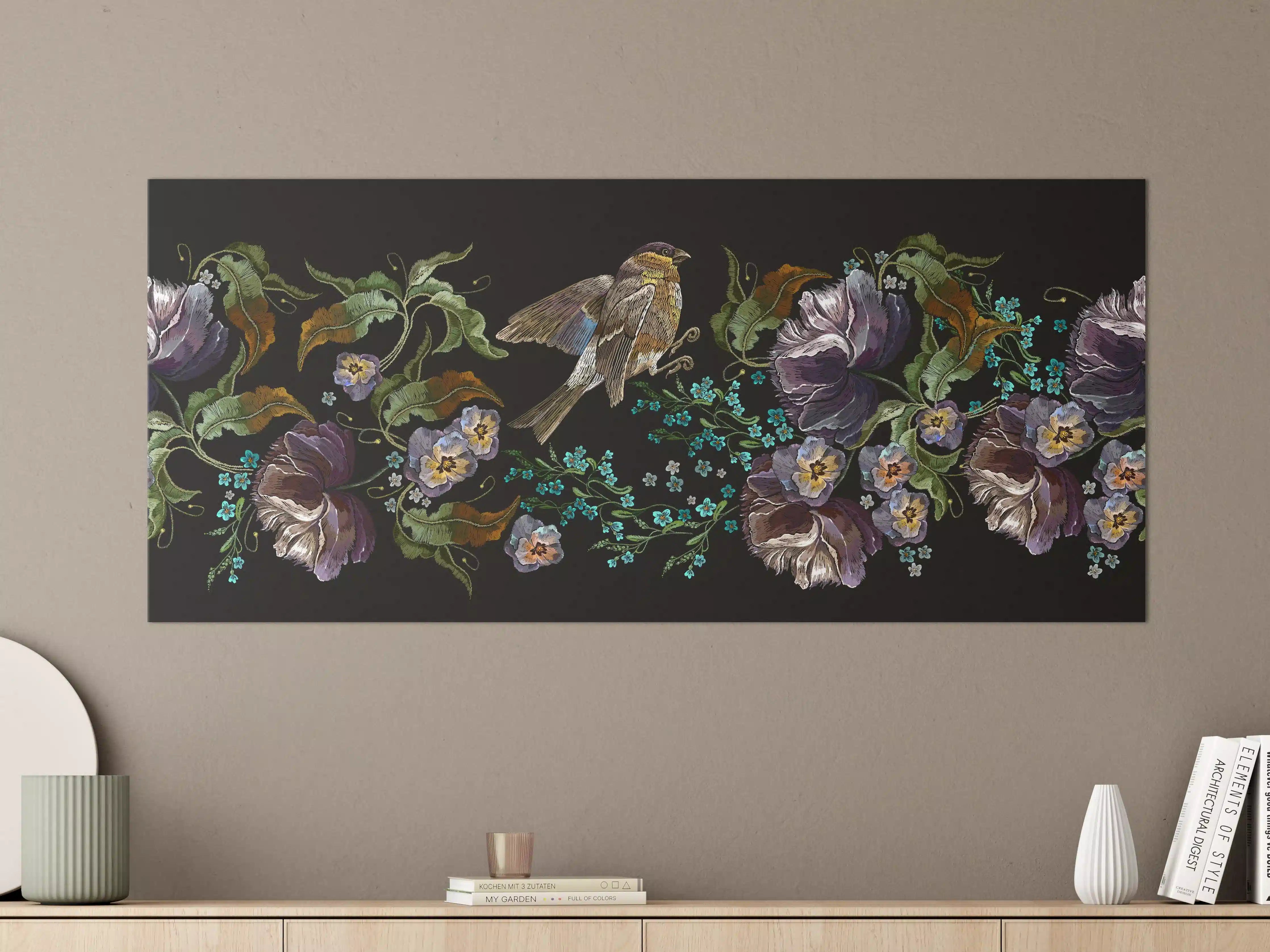 Große Wandbilder - Violette Blumen Vogelmuster Stickerei