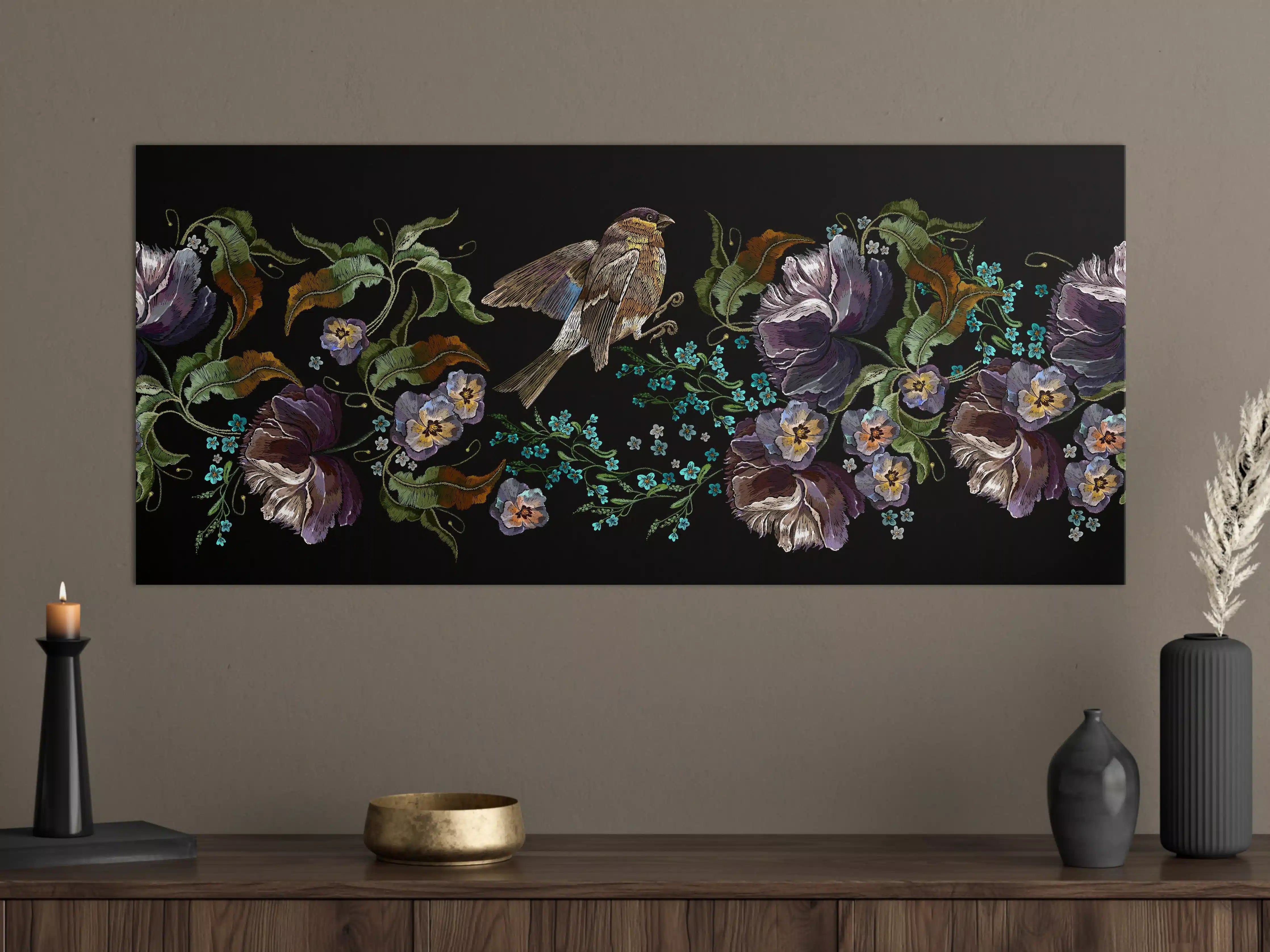 Große Wandbilder - Violette Blumen Vogelmuster Stickerei