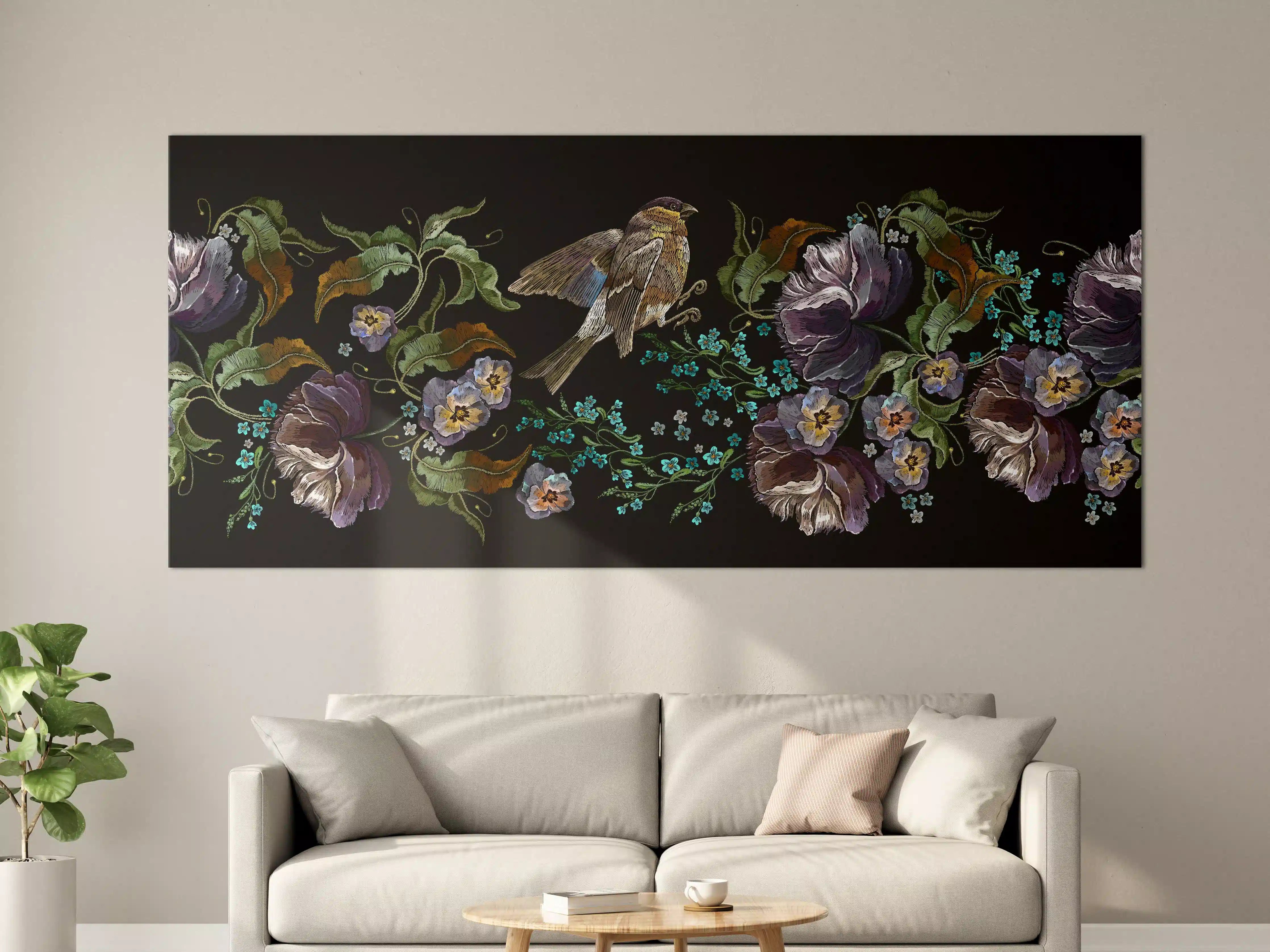 Große Wandbilder - Violette Blumen Vogelmuster Stickerei