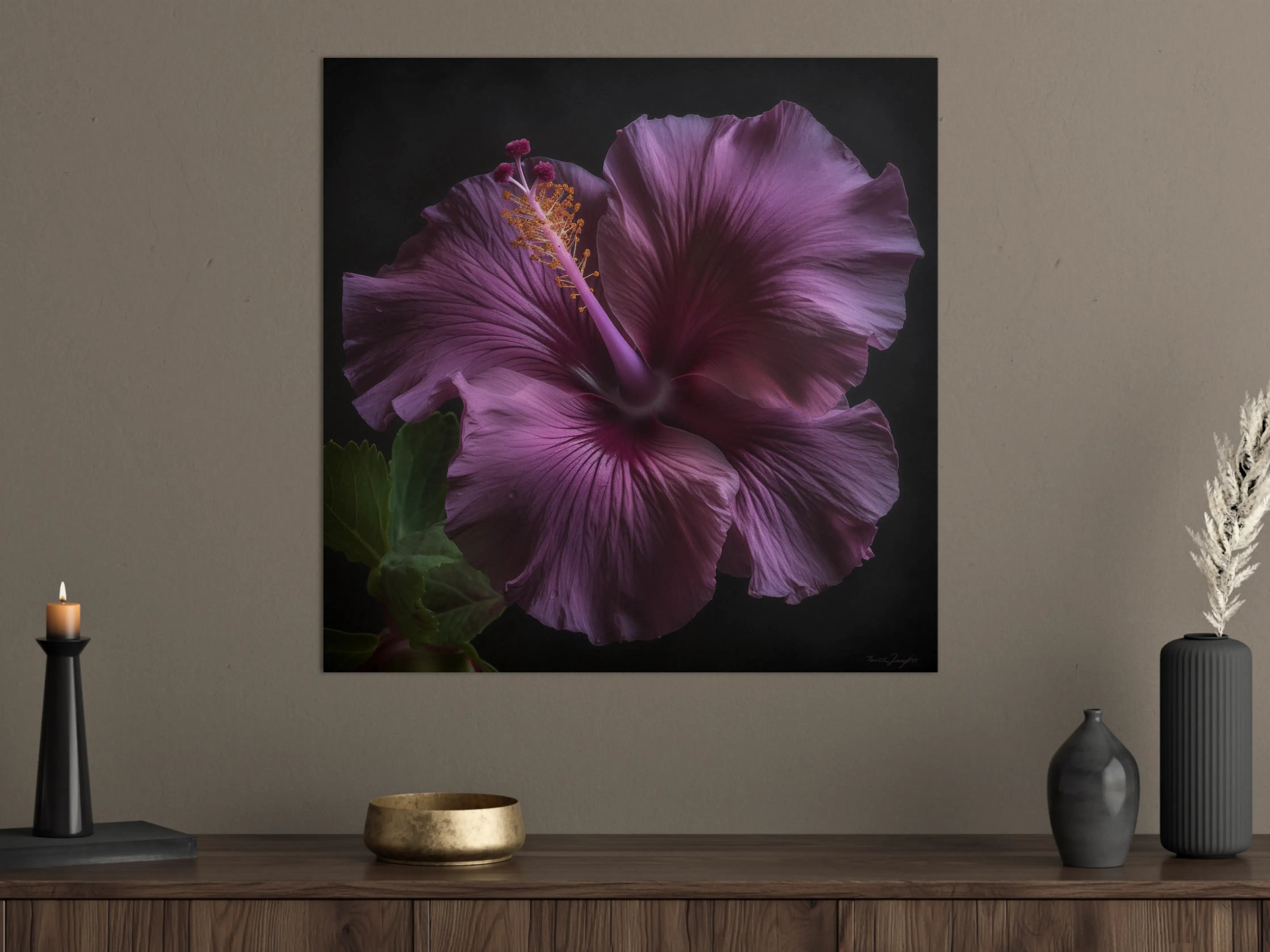 Große Wandbilder - Violette Hibiskusblüte vor dunklem Hintergrund