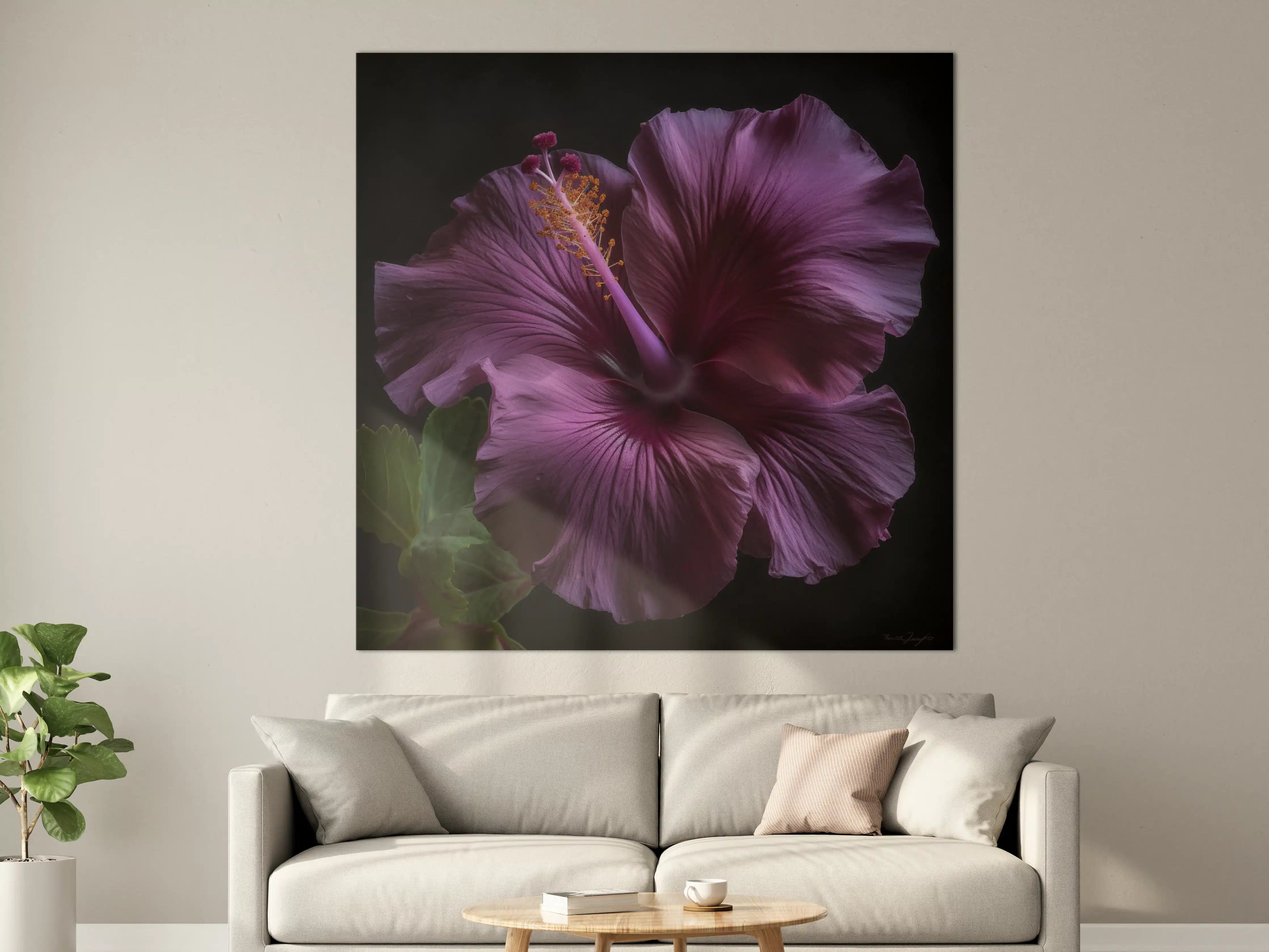 Große Wandbilder - Violette Hibiskusblüte vor dunklem Hintergrund