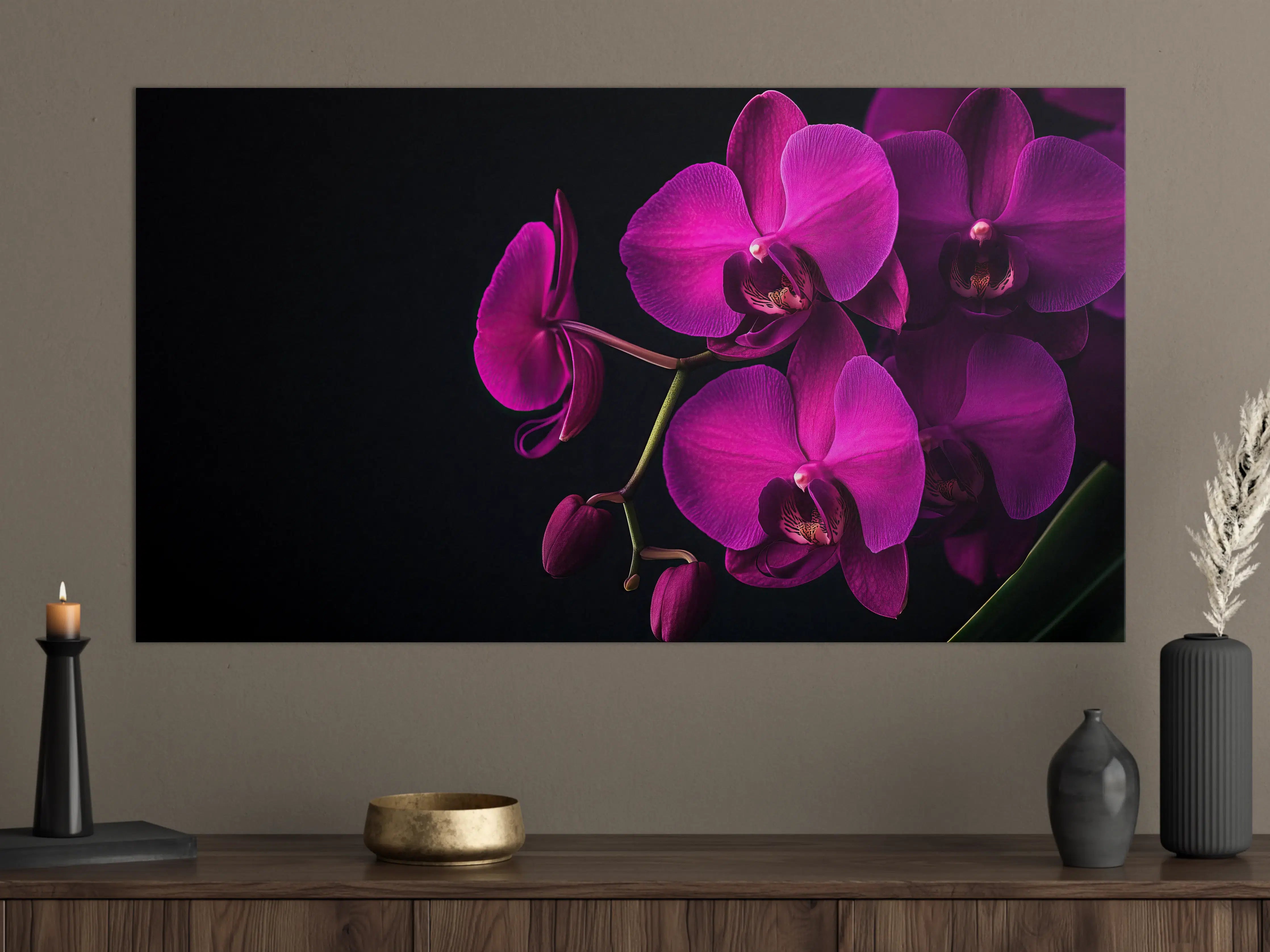 Große Wandbilder - Violette Orchideen auf Schwarz