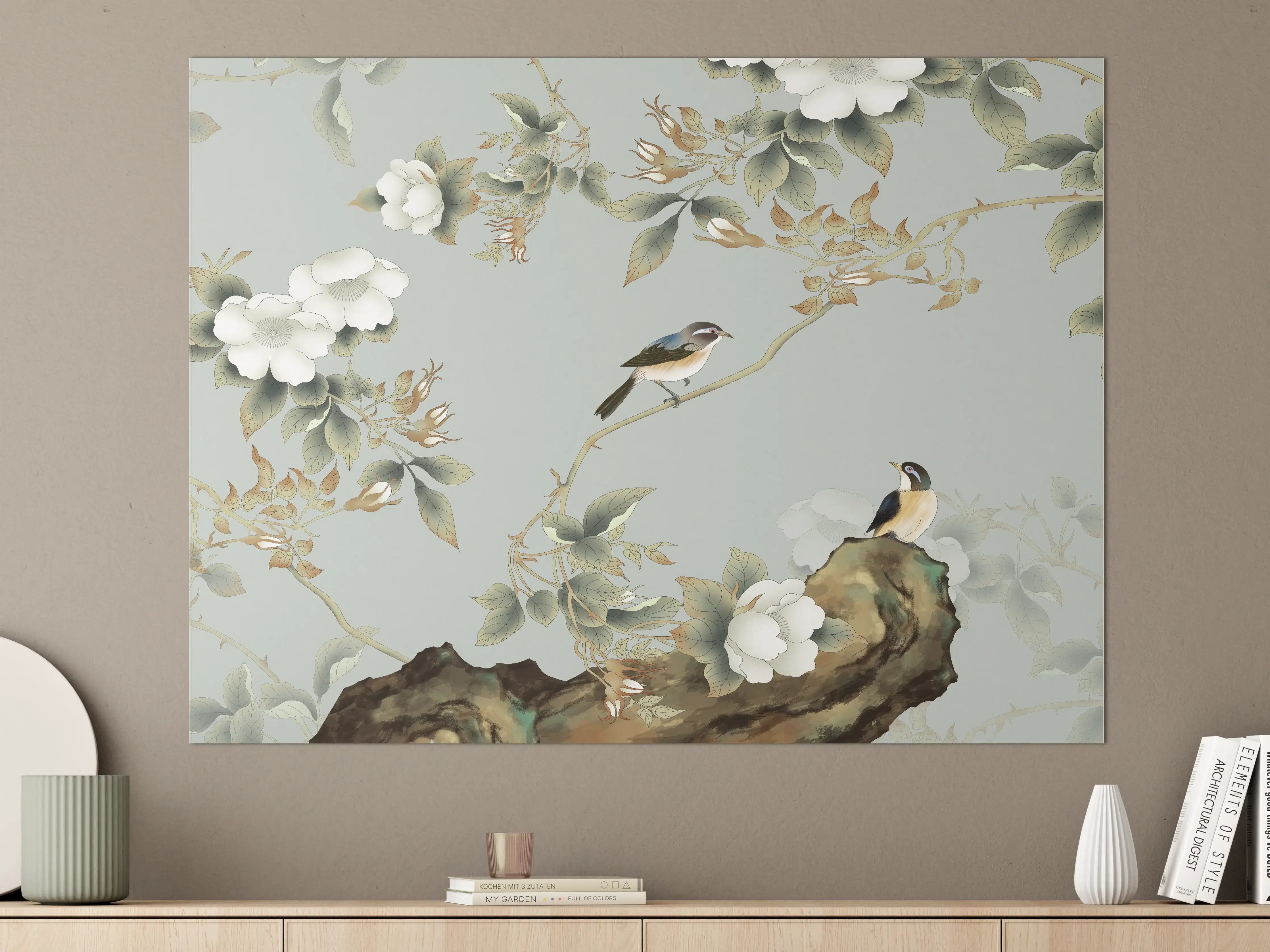 Große Wandbilder - Vögel Natur Illustration auf grauem Hintergrund
