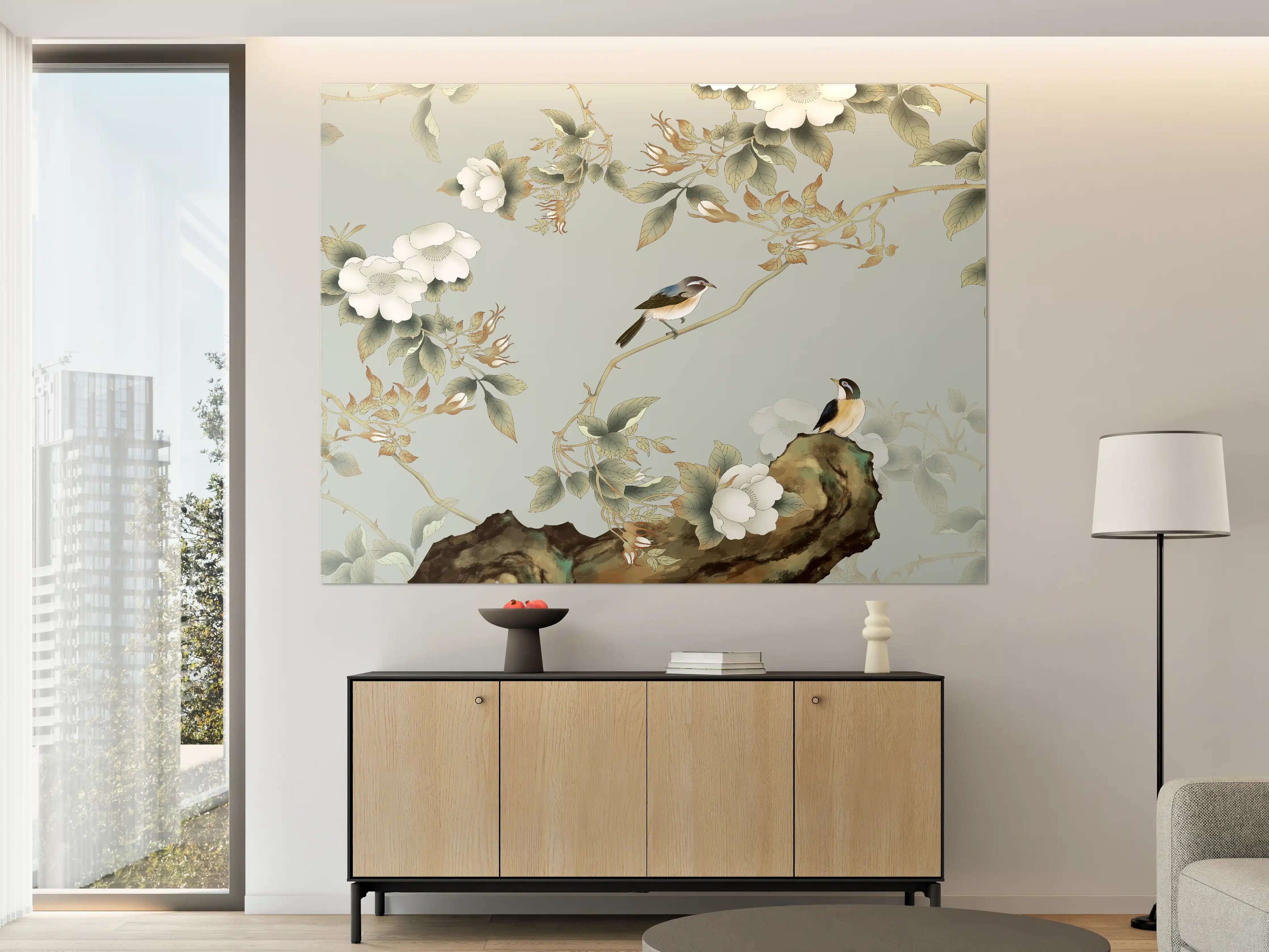 Große Wandbilder - Vögel Natur Illustration auf grauem Hintergrund