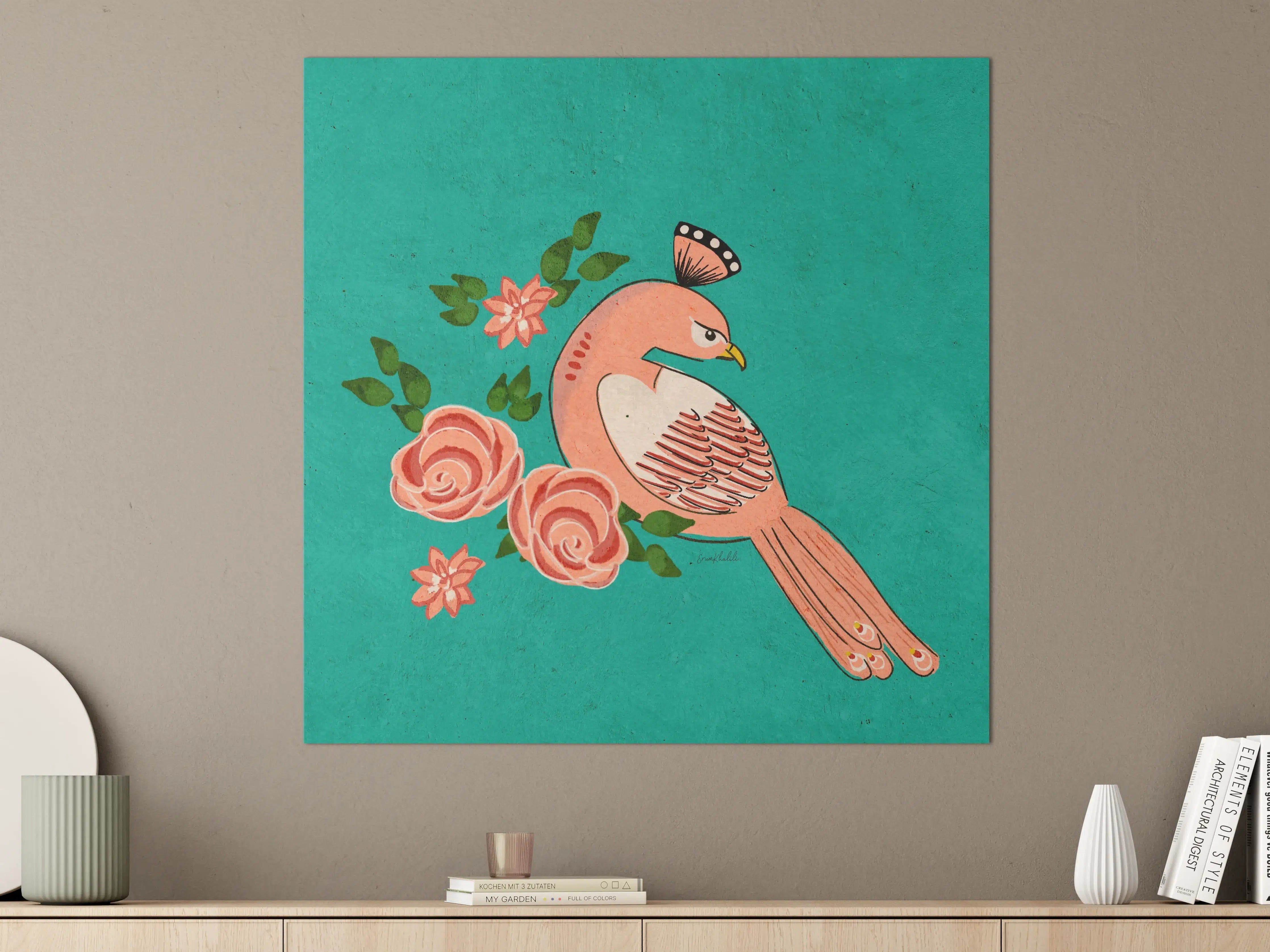 Große Wandbilder - Vogel mit Blumen auf türkm Hintergrund