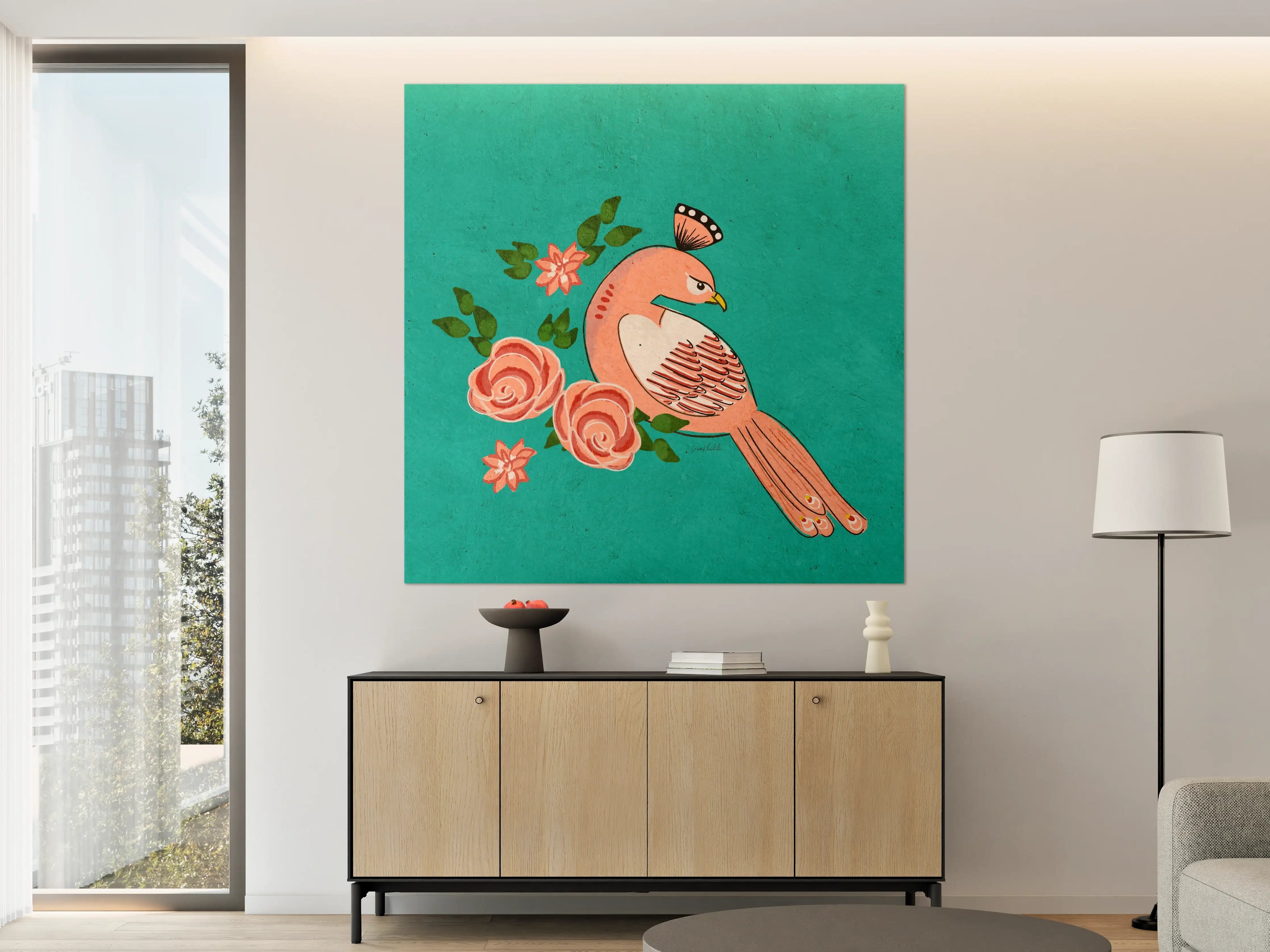 Große Wandbilder - Vogel mit Blumen auf türkm Hintergrund