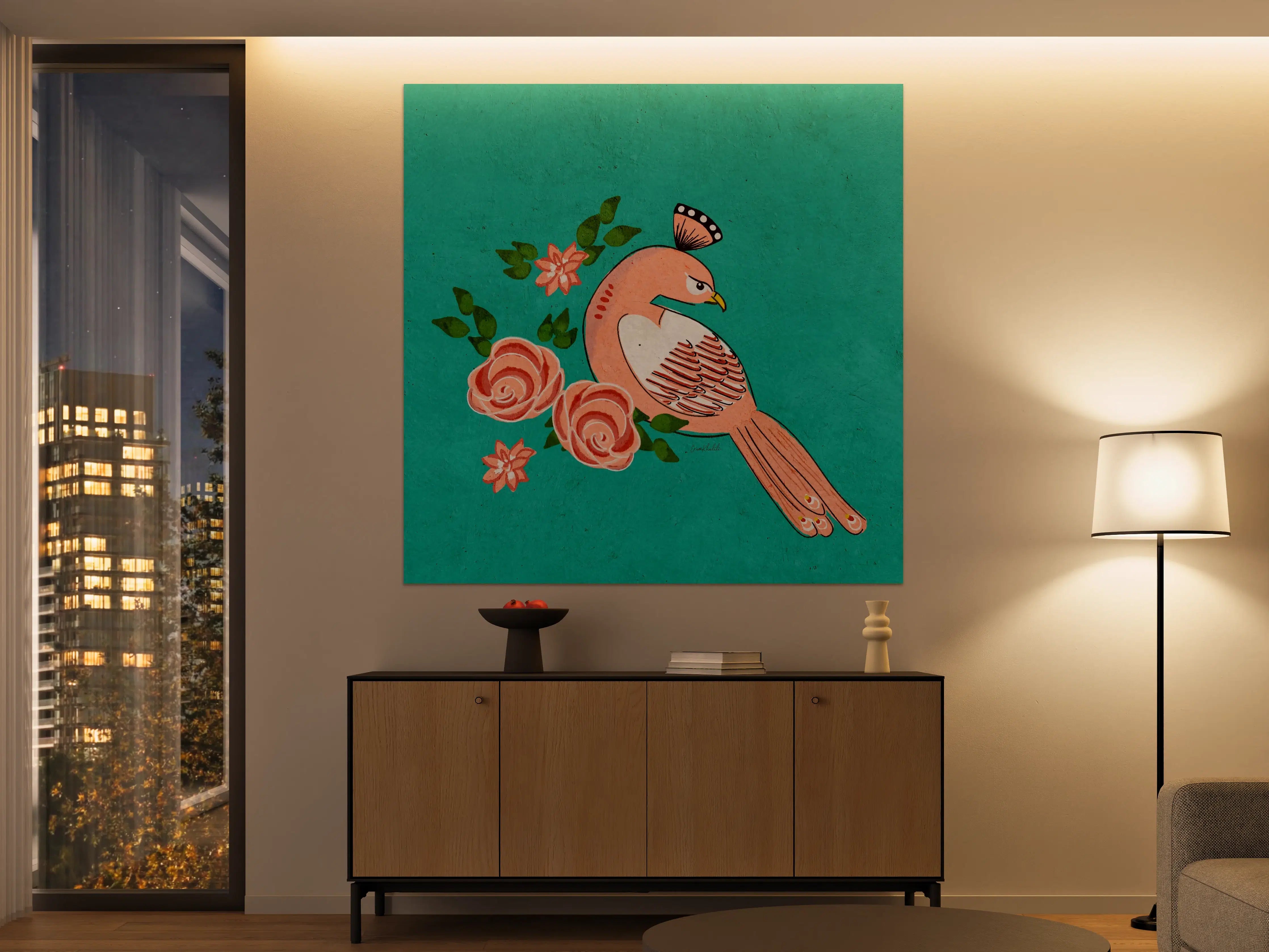 Große Wandbilder - Vogel mit Blumen auf türkm Hintergrund
