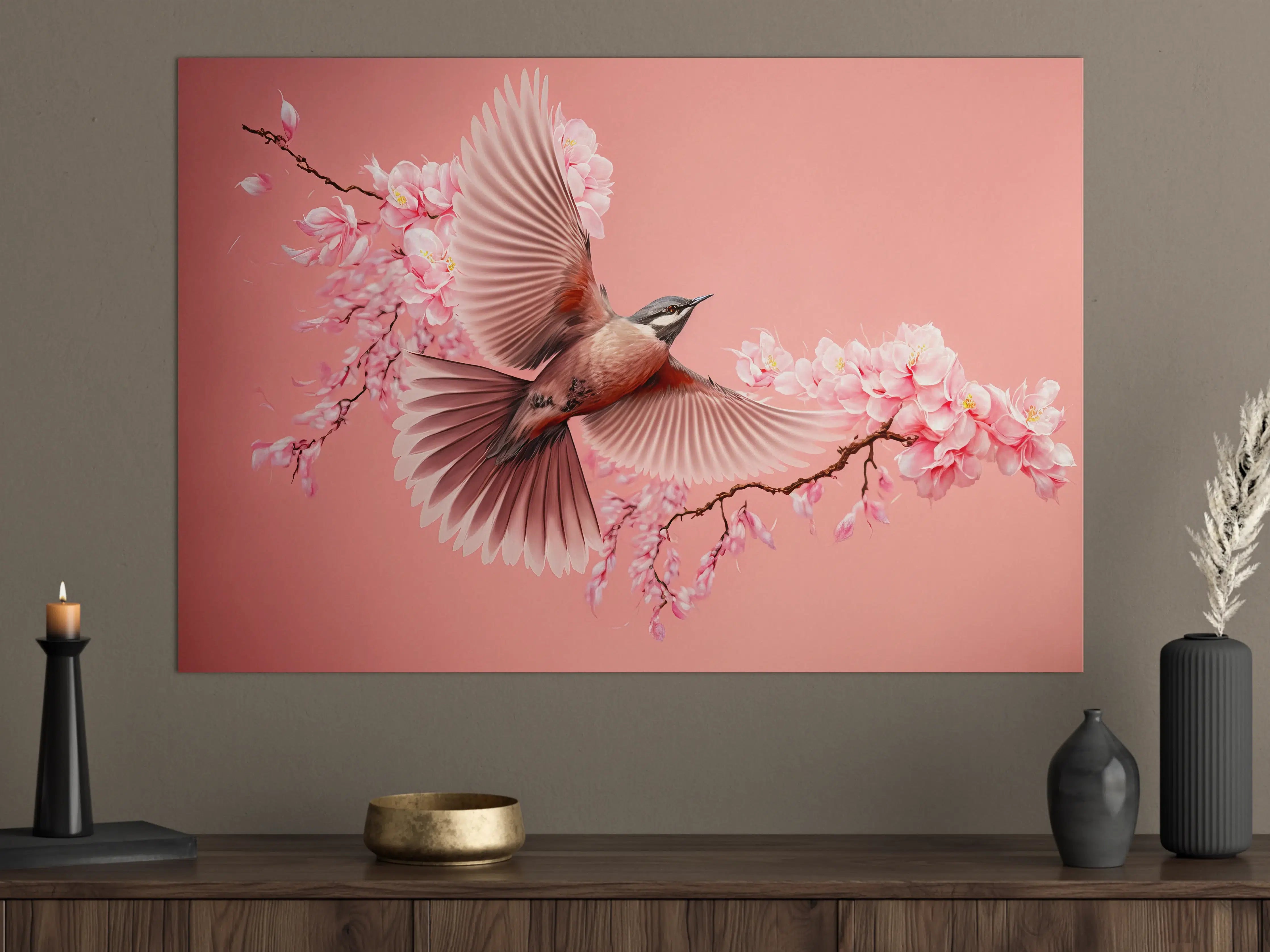 Große Wandbilder - Vogel und Kirschblüten Pink