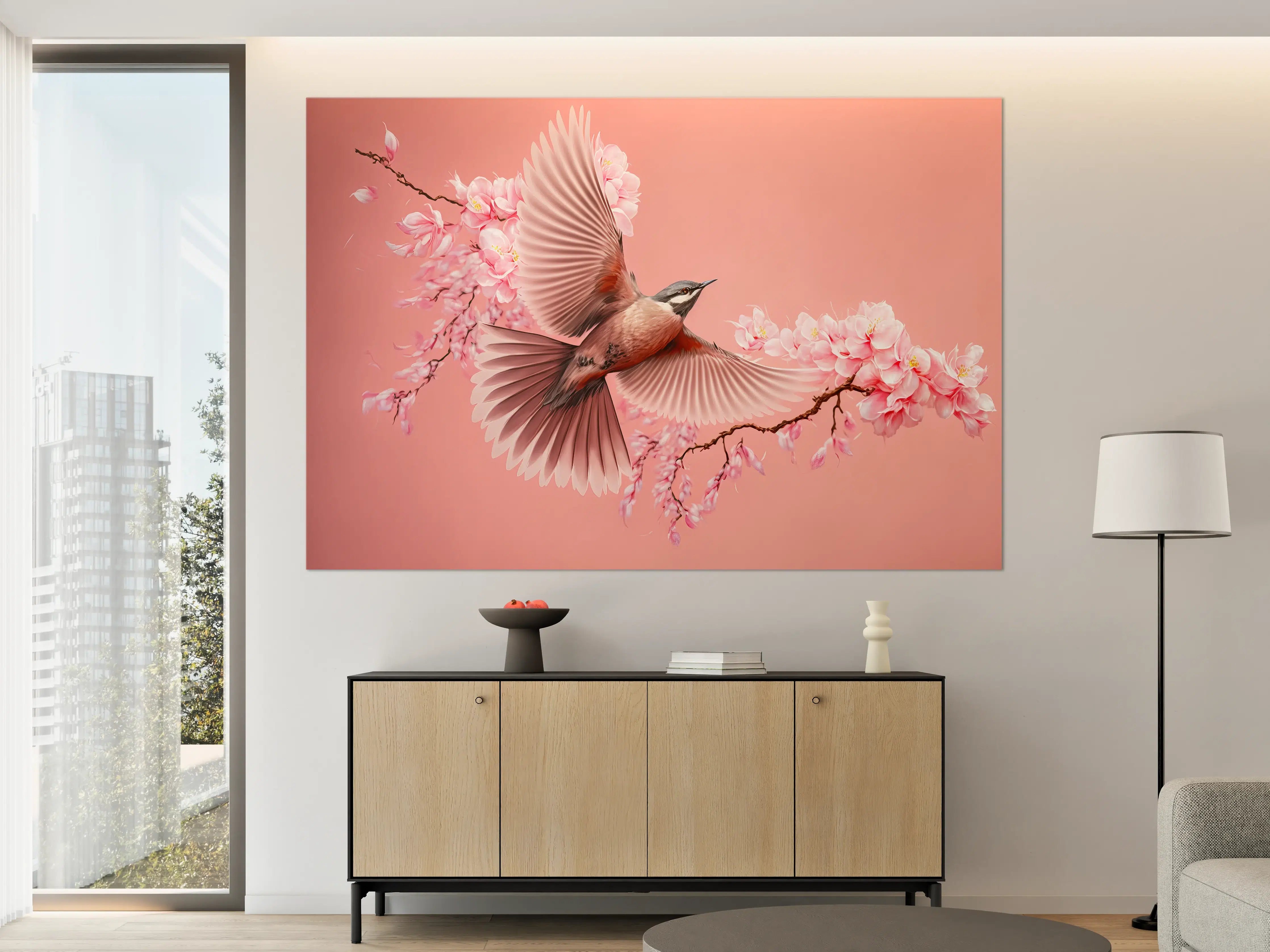 Große Wandbilder - Vogel und Kirschblüten Pink
