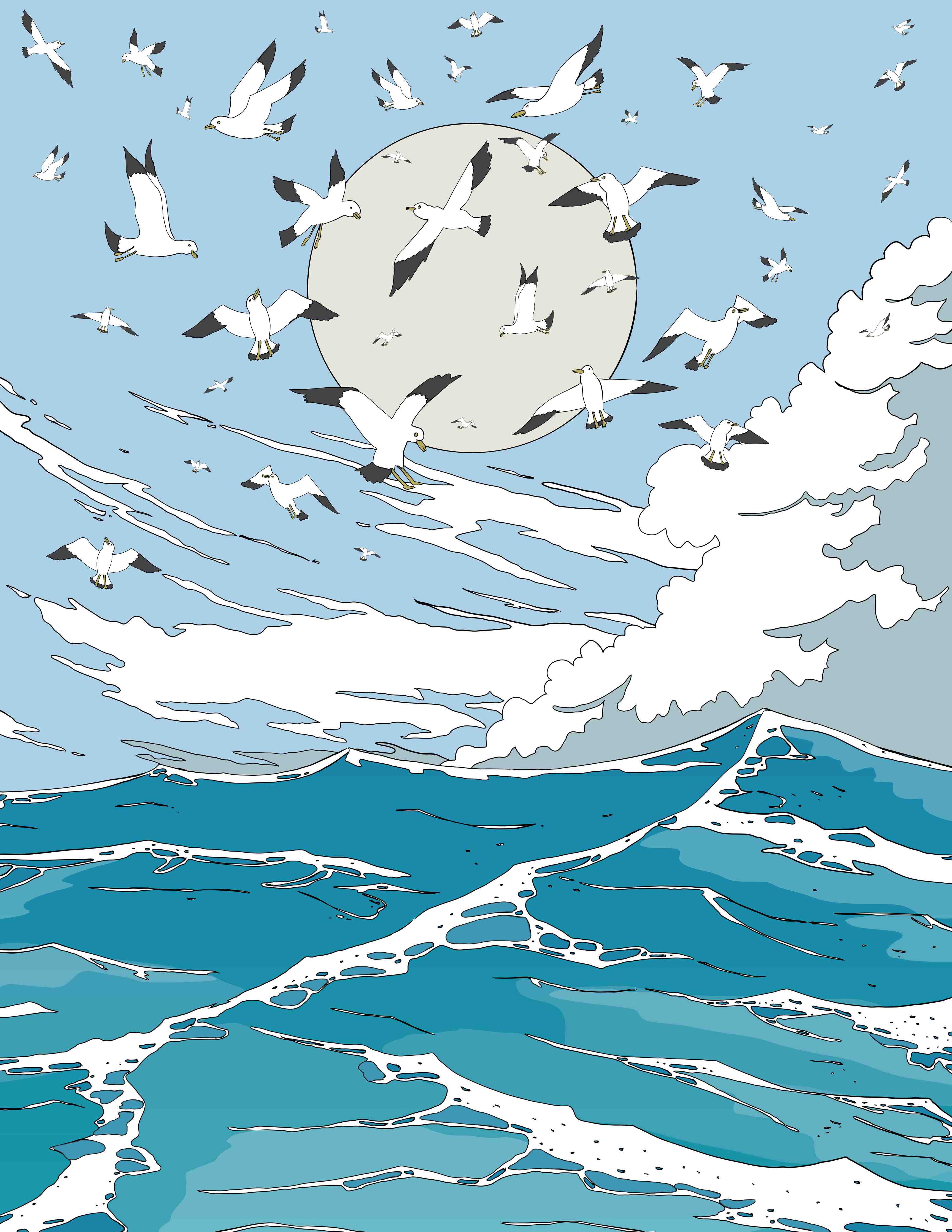 Große Wandbilder-Vogelzug über dem Meer bei Mondlicht