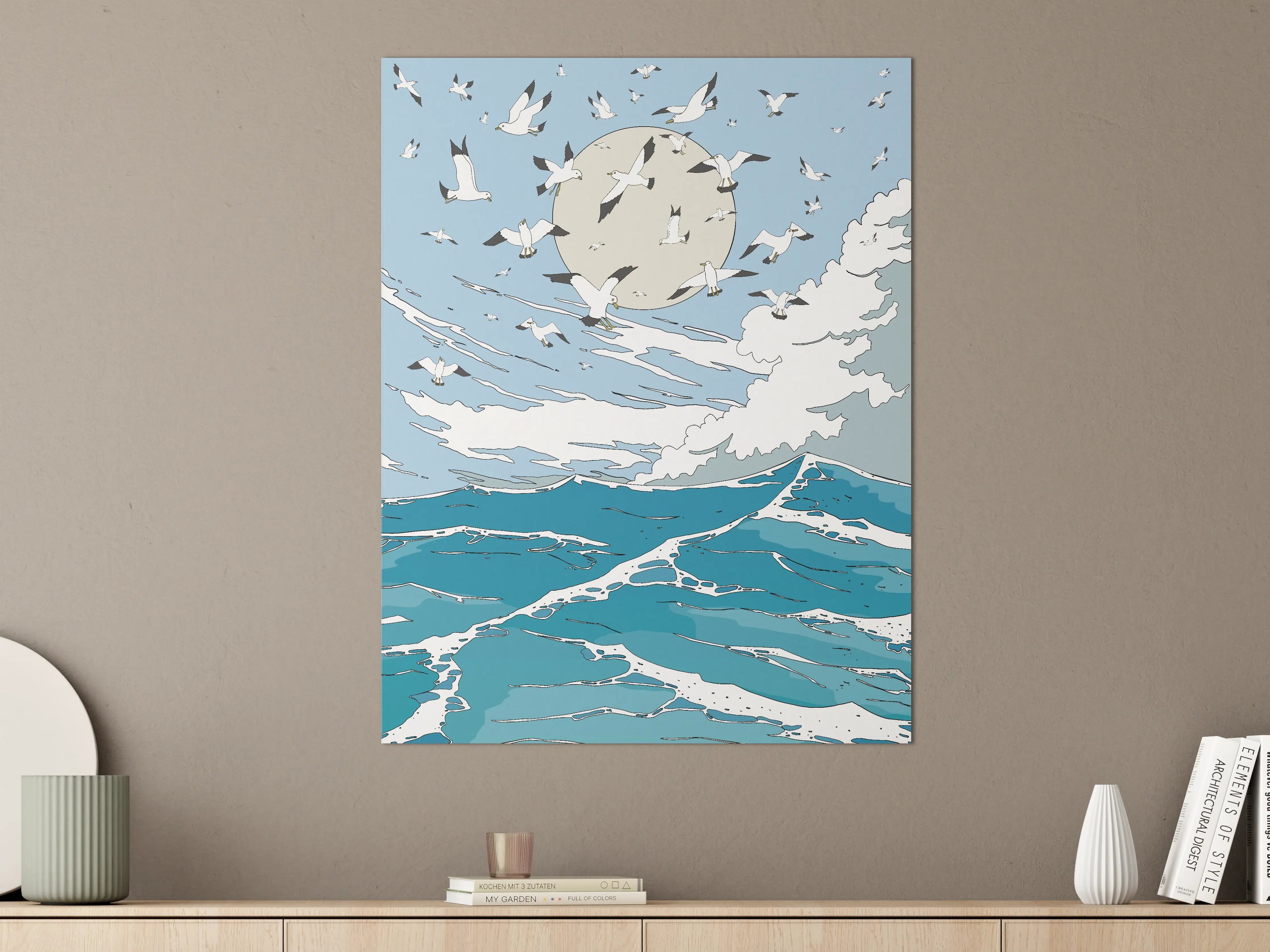 Große Wandbilder - Vogelzug über dem Meer bei Mondlicht