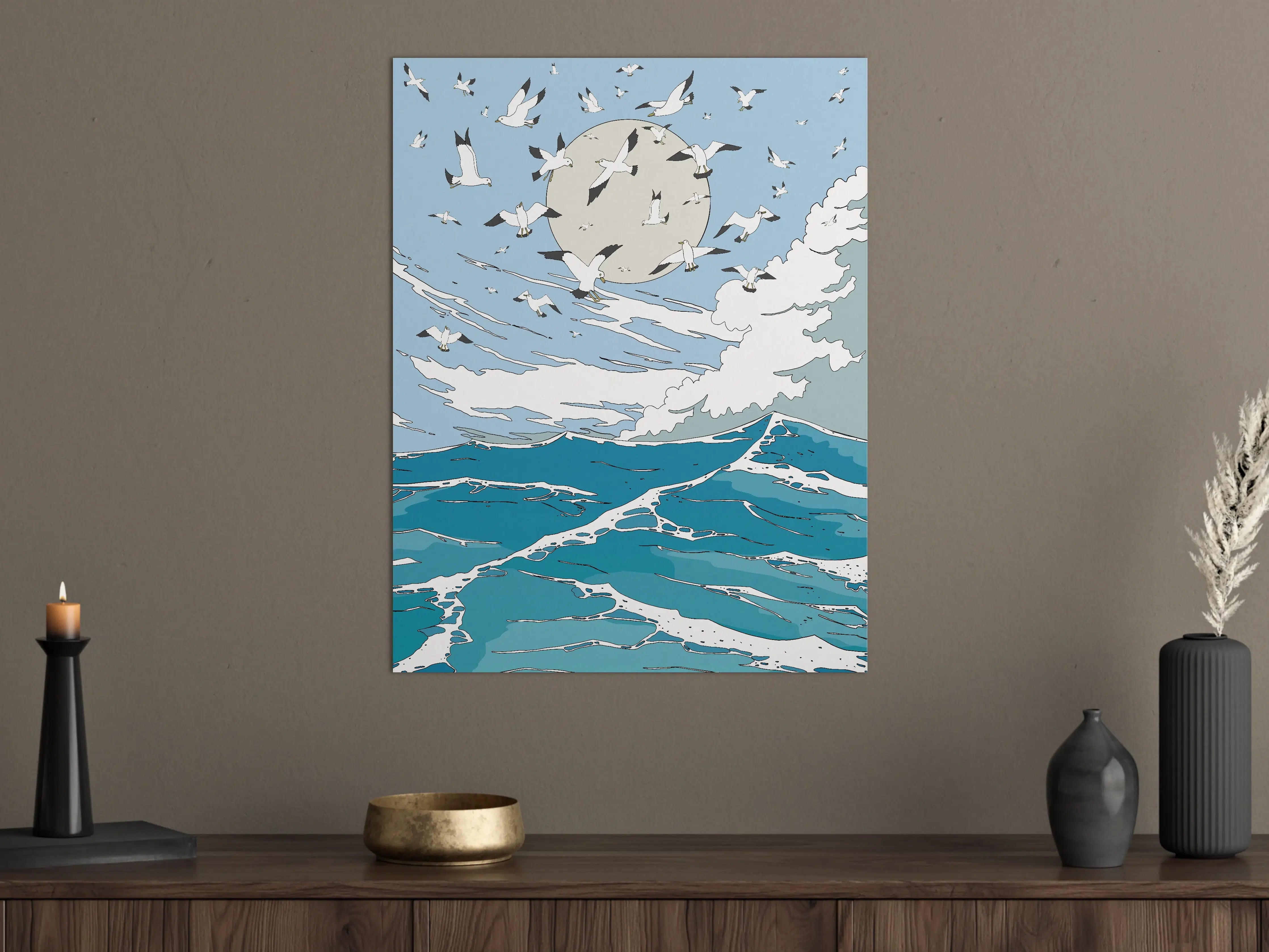 Große Wandbilder - Vogelzug über dem Meer bei Mondlicht