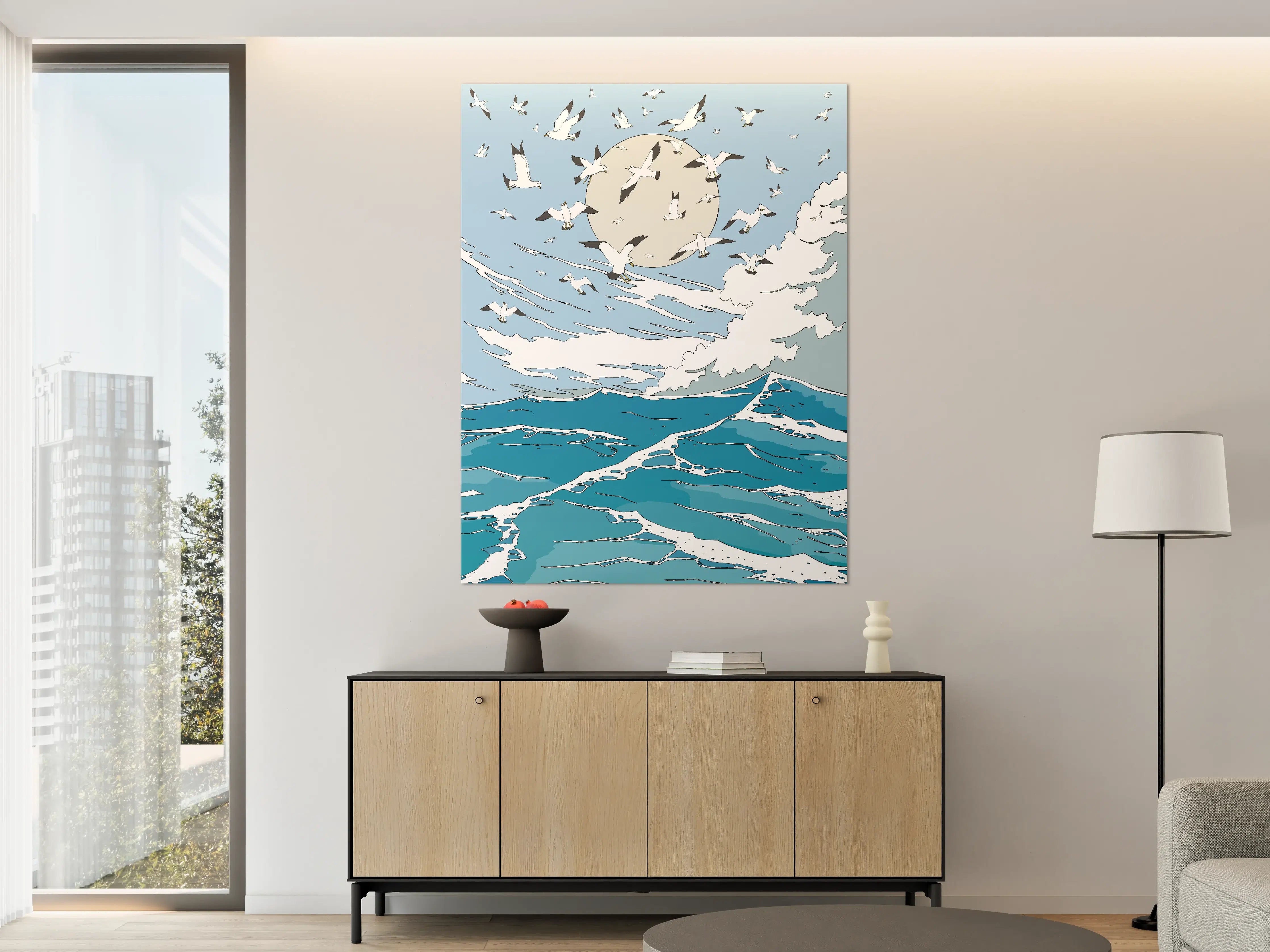 Große Wandbilder - Vogelzug über dem Meer bei Mondlicht