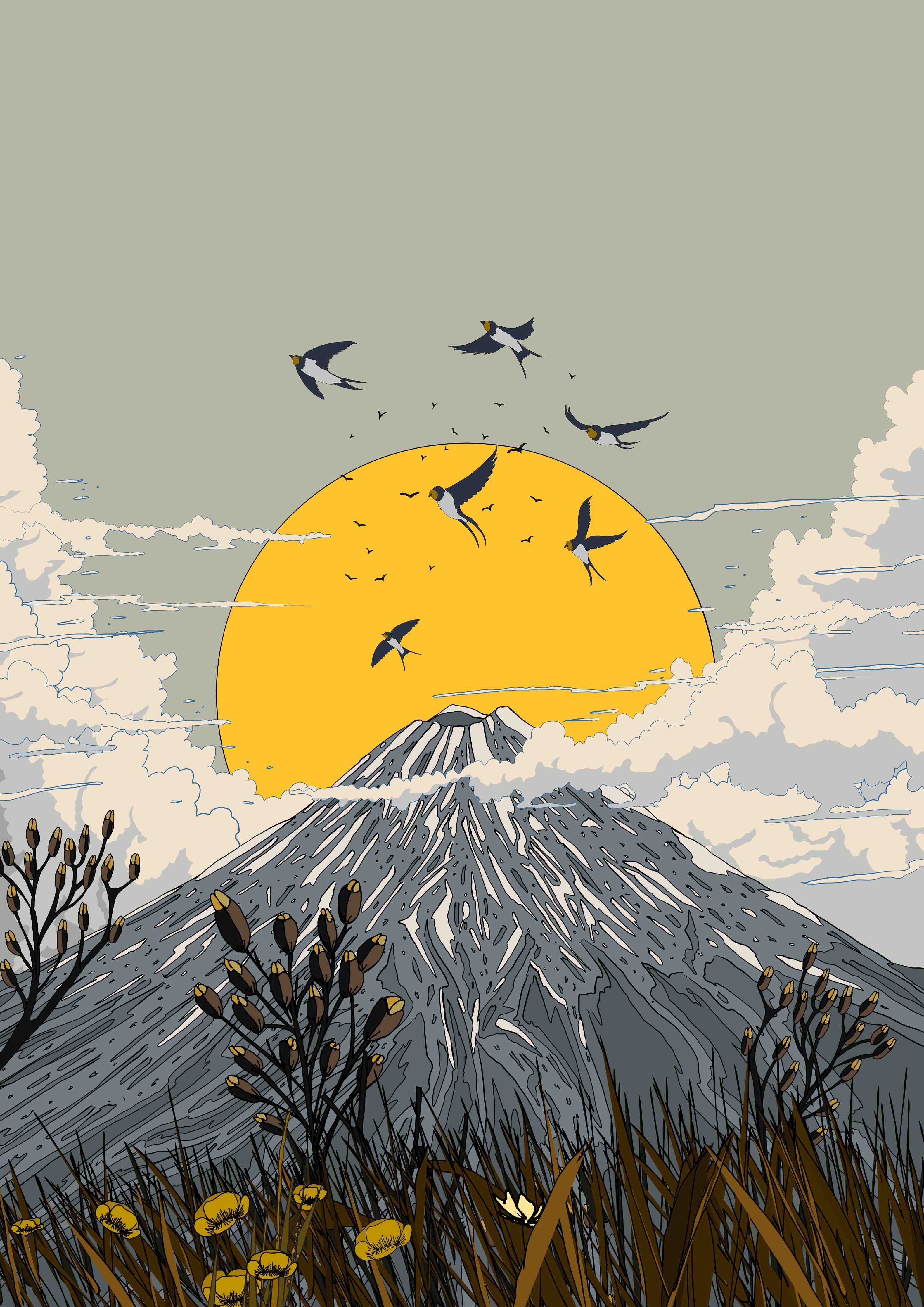 Große Wandbilder-Vogelzug vor Berg mit Sonnenuntergang