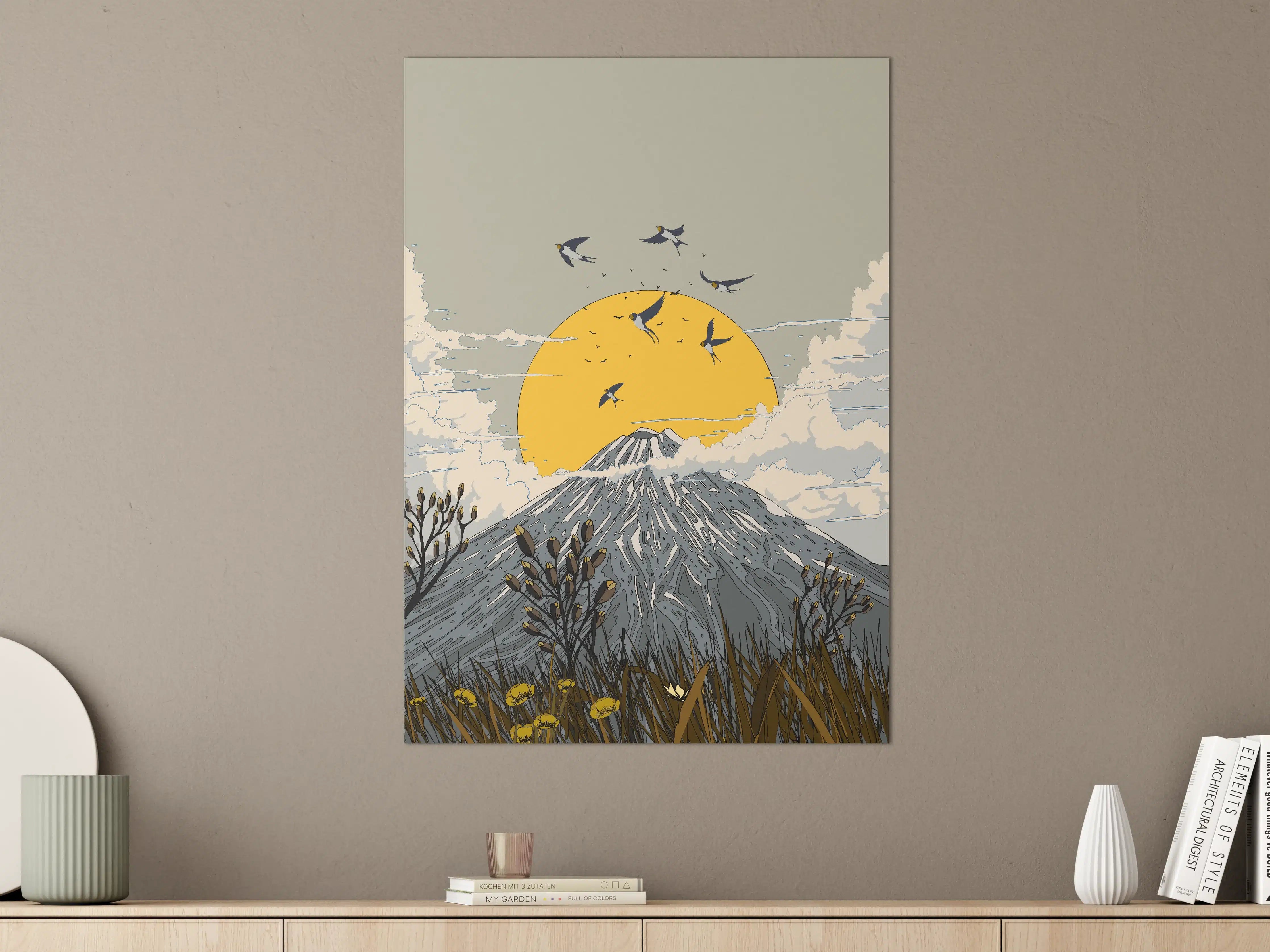 Große Wandbilder - Vogelzug vor Berg mit Sonnenuntergang