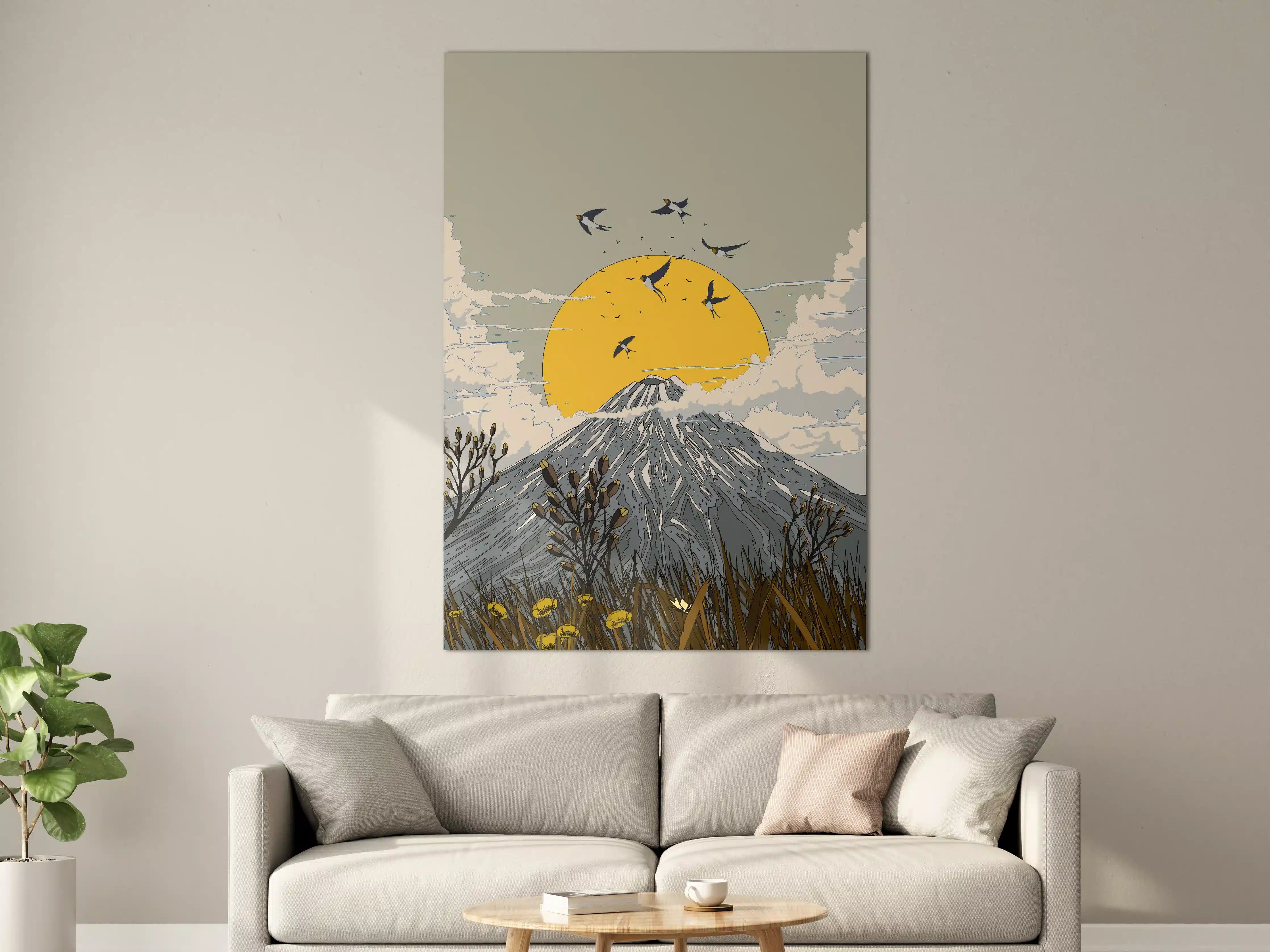Große Wandbilder - Vogelzug vor Berg mit Sonnenuntergang