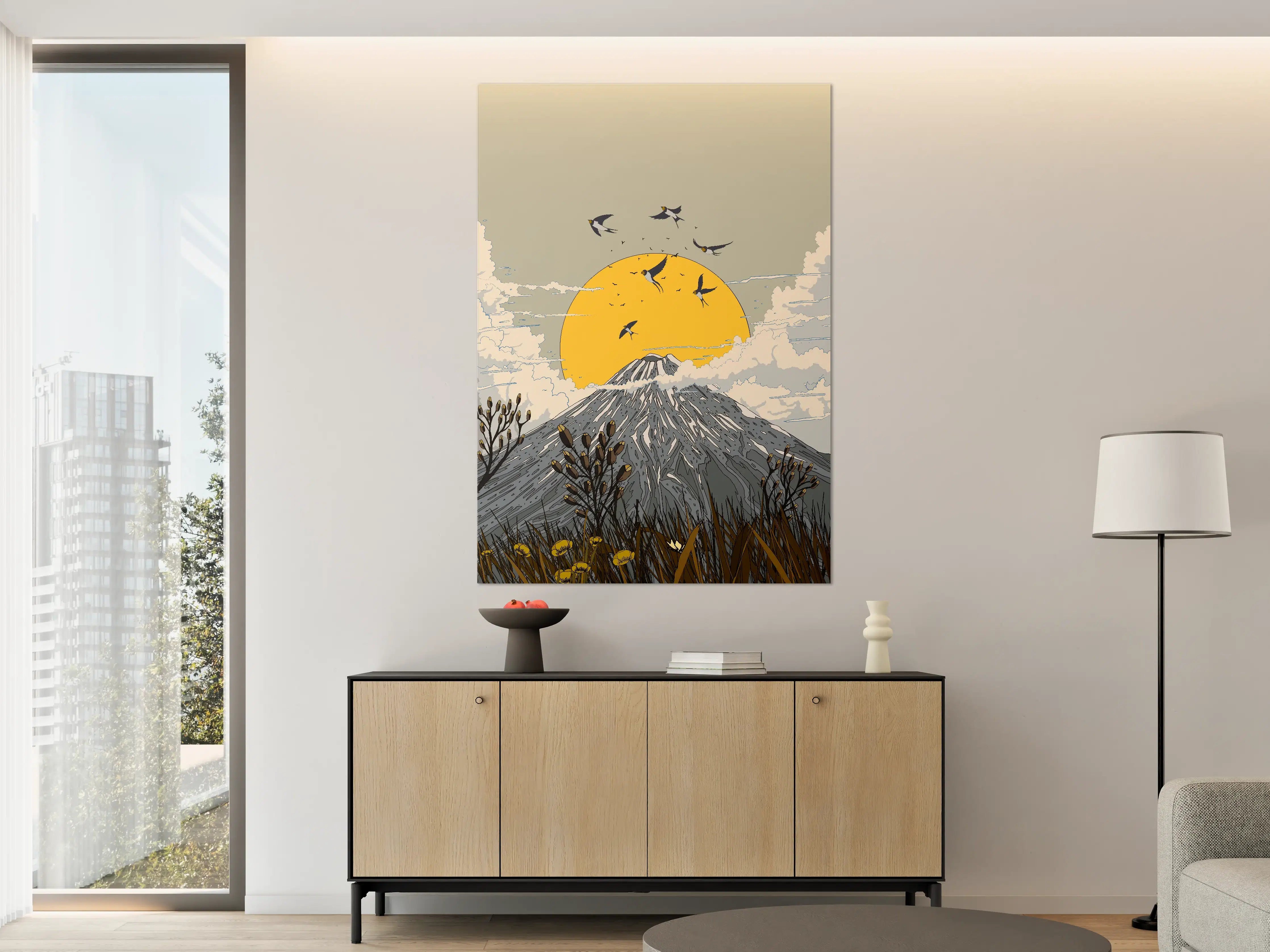 Große Wandbilder - Vogelzug vor Berg mit Sonnenuntergang