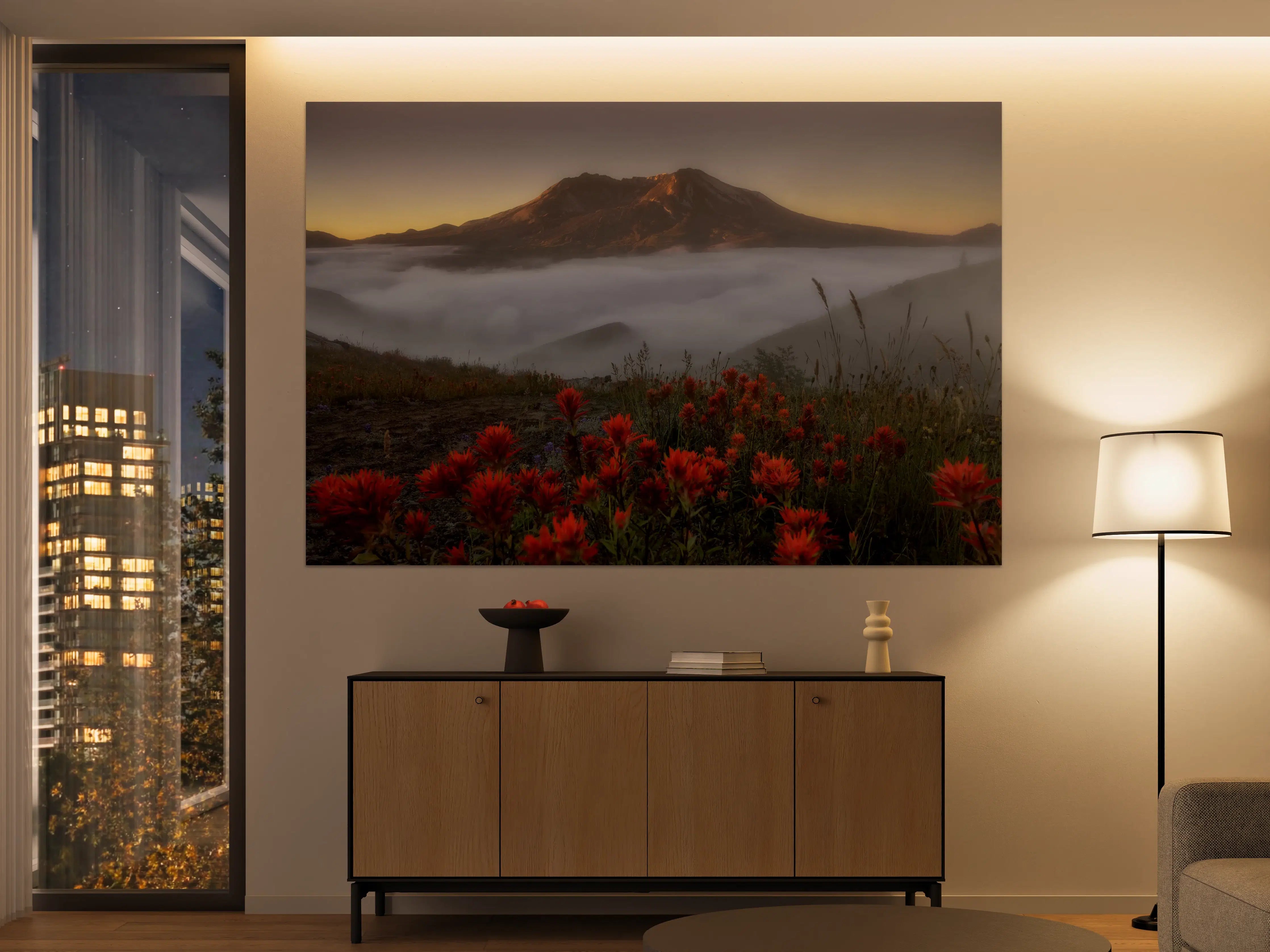 Große Wandbilder - Vulkan im Morgenlicht mit roten Blumen