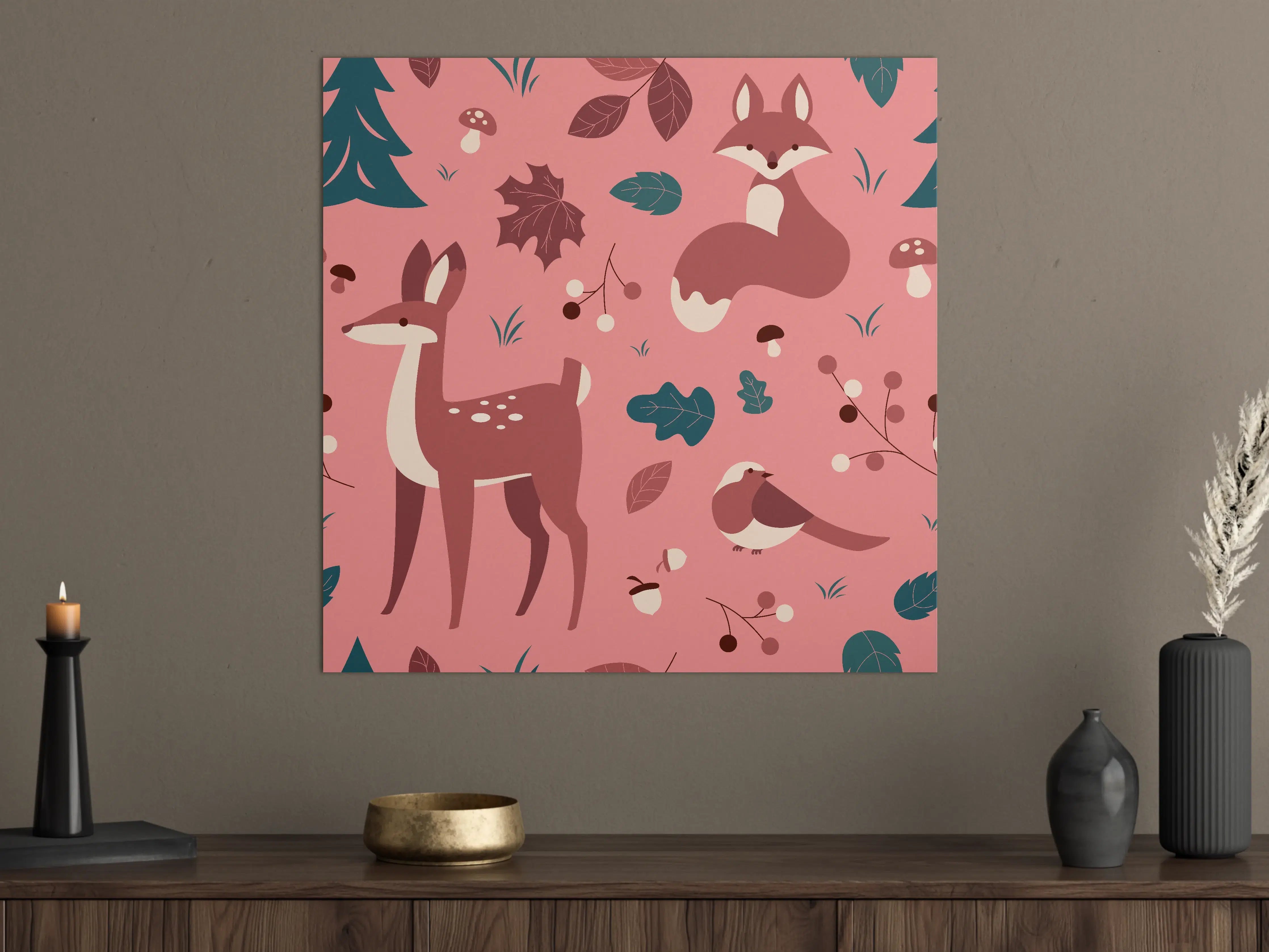 Große Wandbilder - Waldtiere Muster rosa Hintergrund