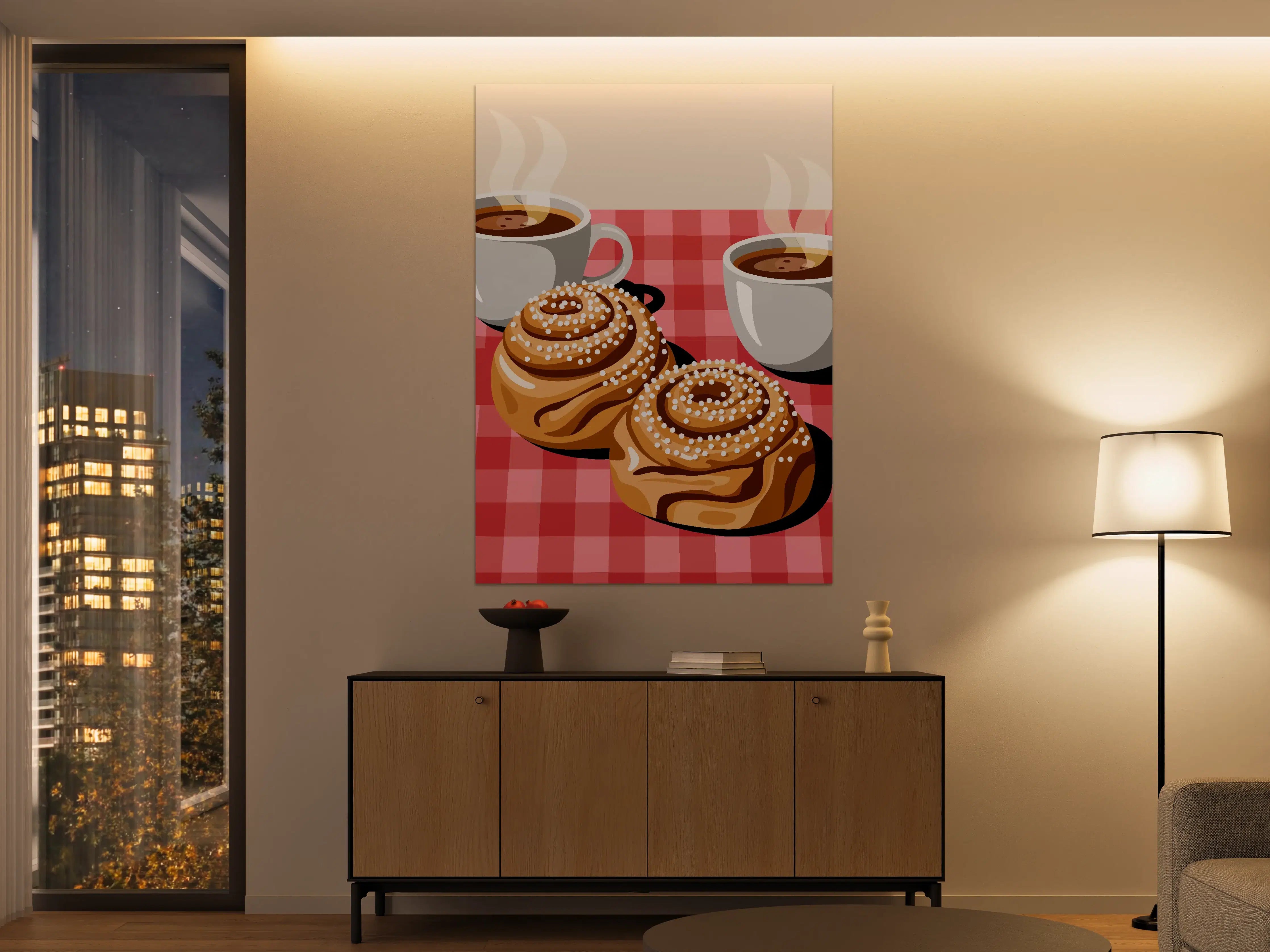 Große Wandbilder - Warme Frühstücksszene mit Kaffee und Zimtschnecken