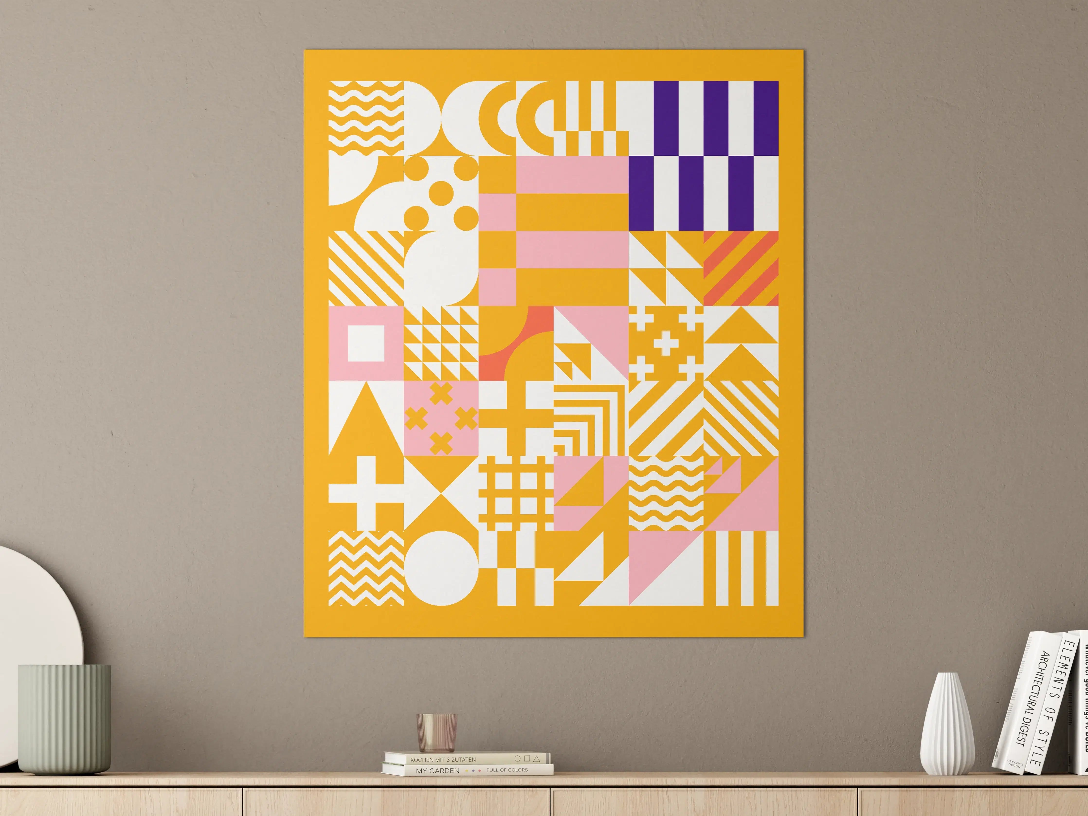 Große Wandbilder - Warmer, geometrischer Muster-Mix in Gelb, Rosa und Blau