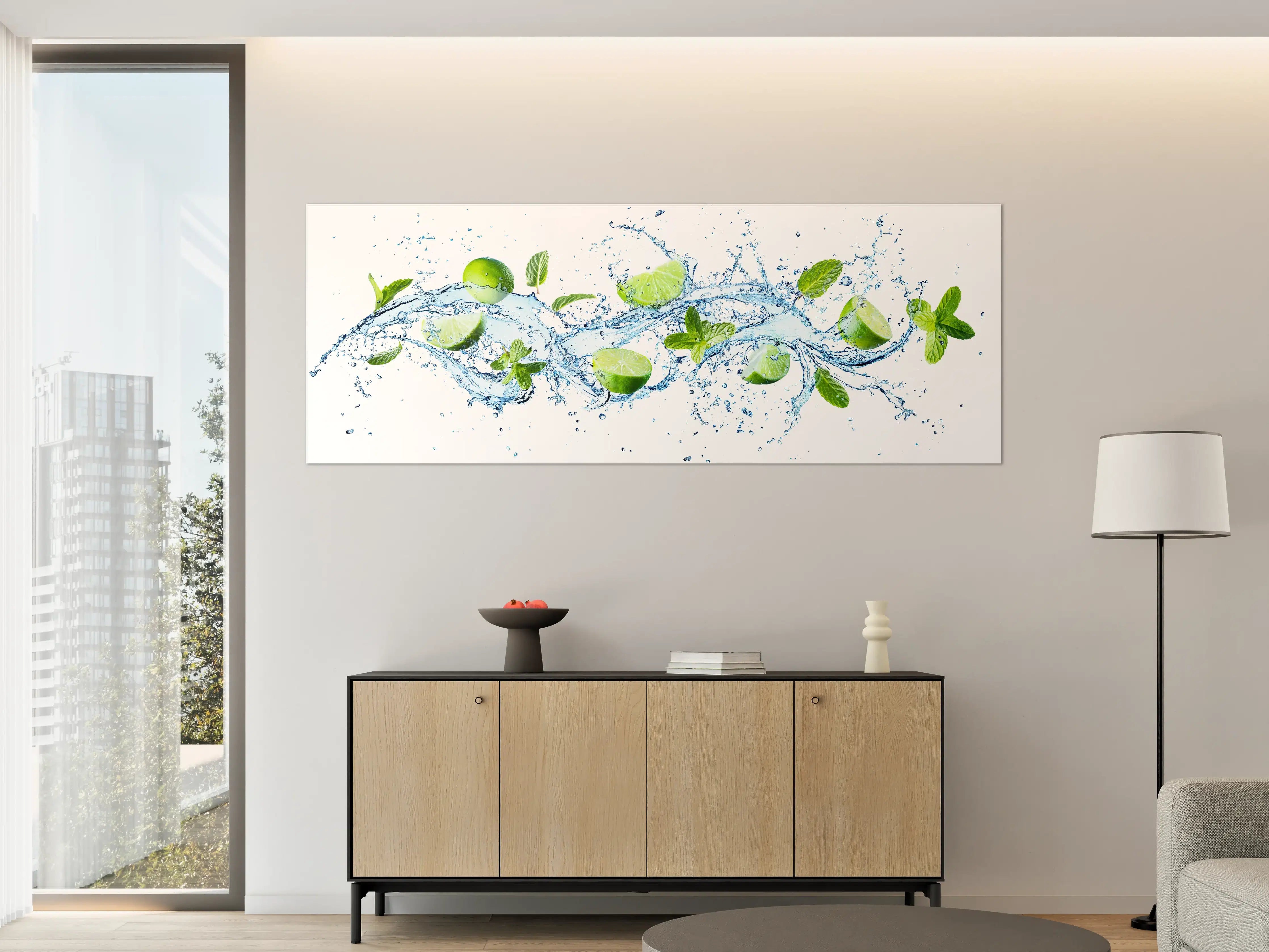 Große Wandbilder - Wasserspritzer mit Minzblättern und Limettenspalten