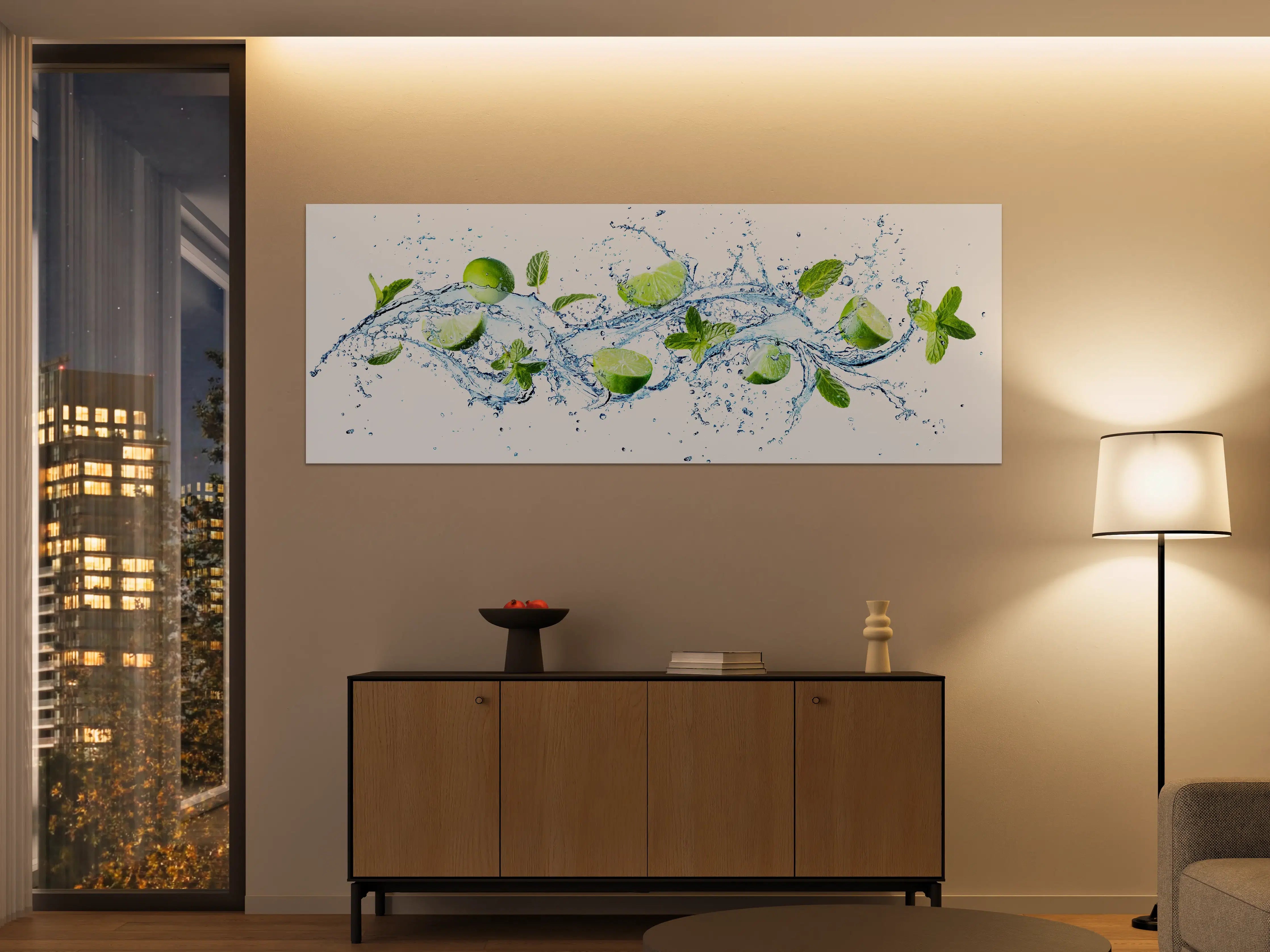 Große Wandbilder - Wasserspritzer mit Minzblättern und Limettenspalten