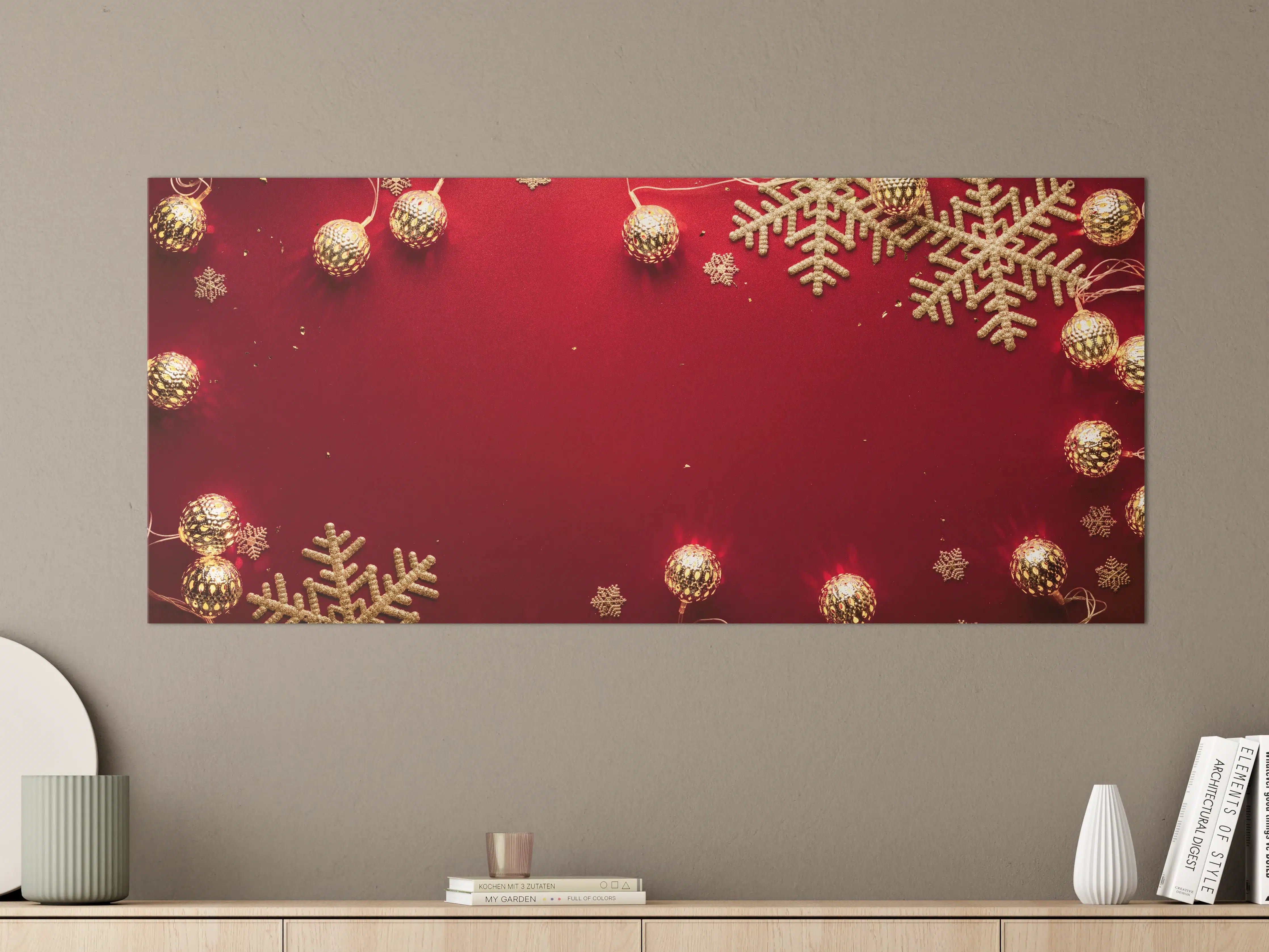 Große Wandbilder - Weihnachtsdekoration auf rotem Hintergrund