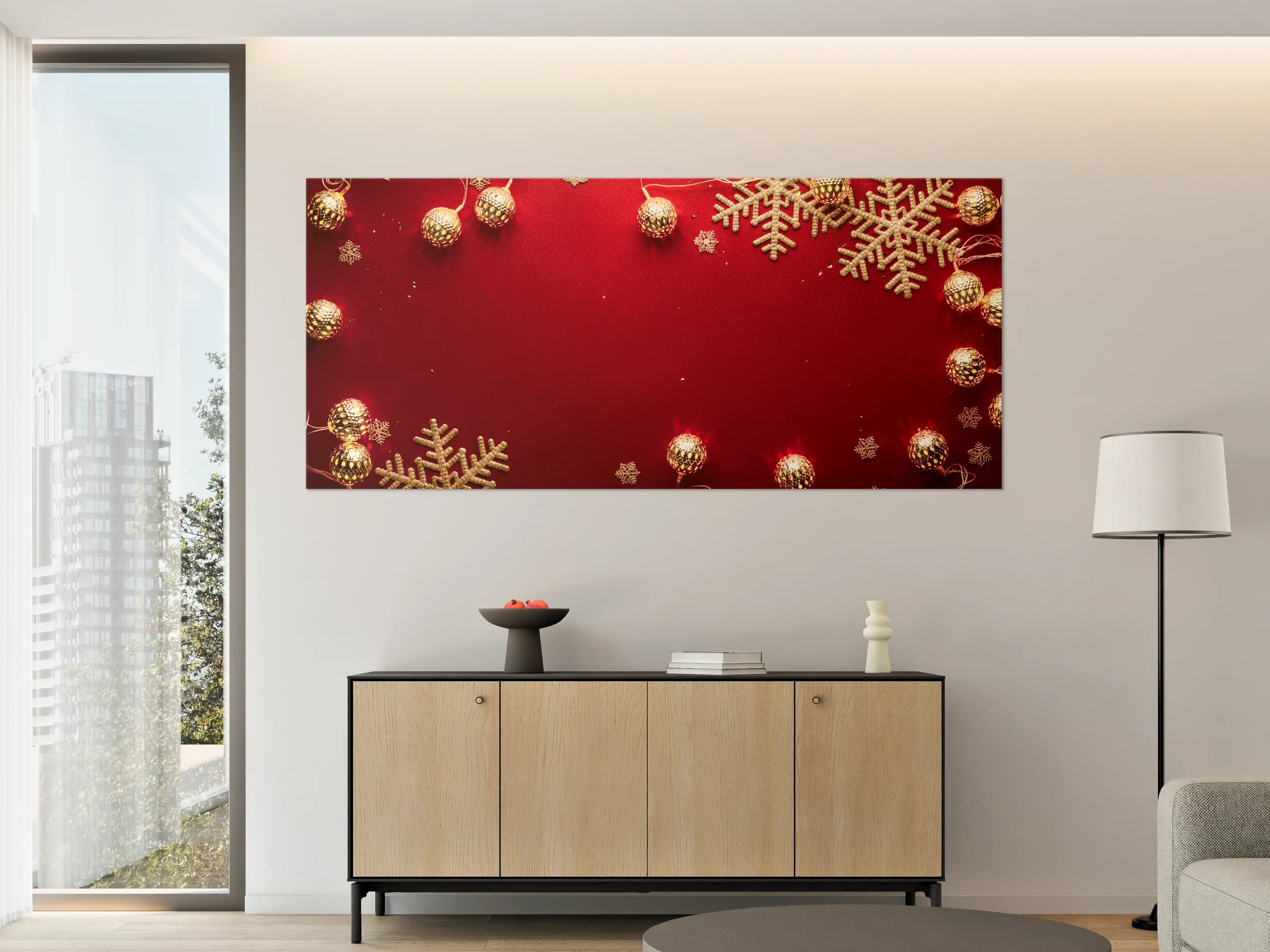 Große Wandbilder - Weihnachtsdekoration auf rotem Hintergrund