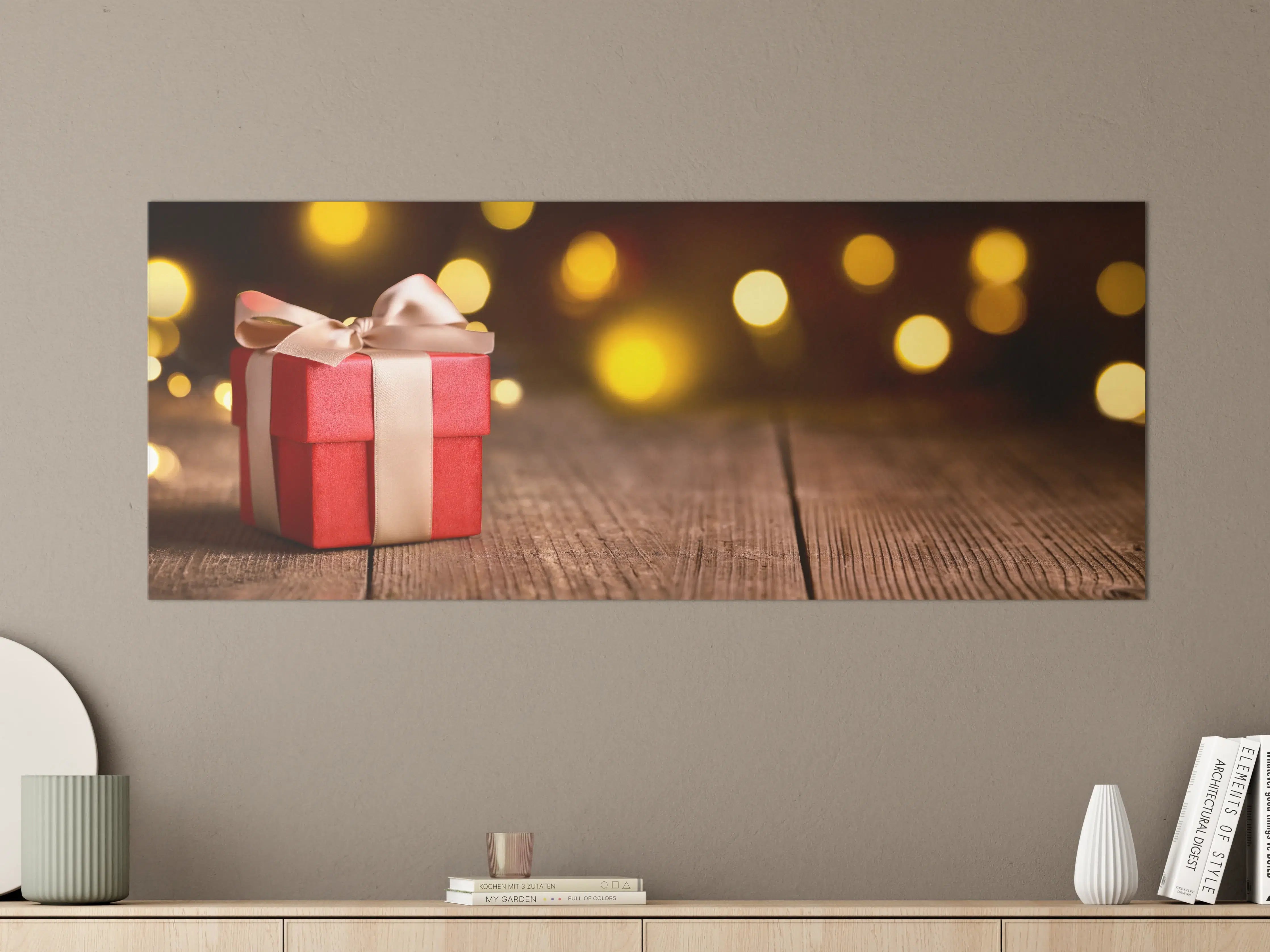Große Wandbilder - Weihnachtsgeschenk auf festlichem Hintergrund