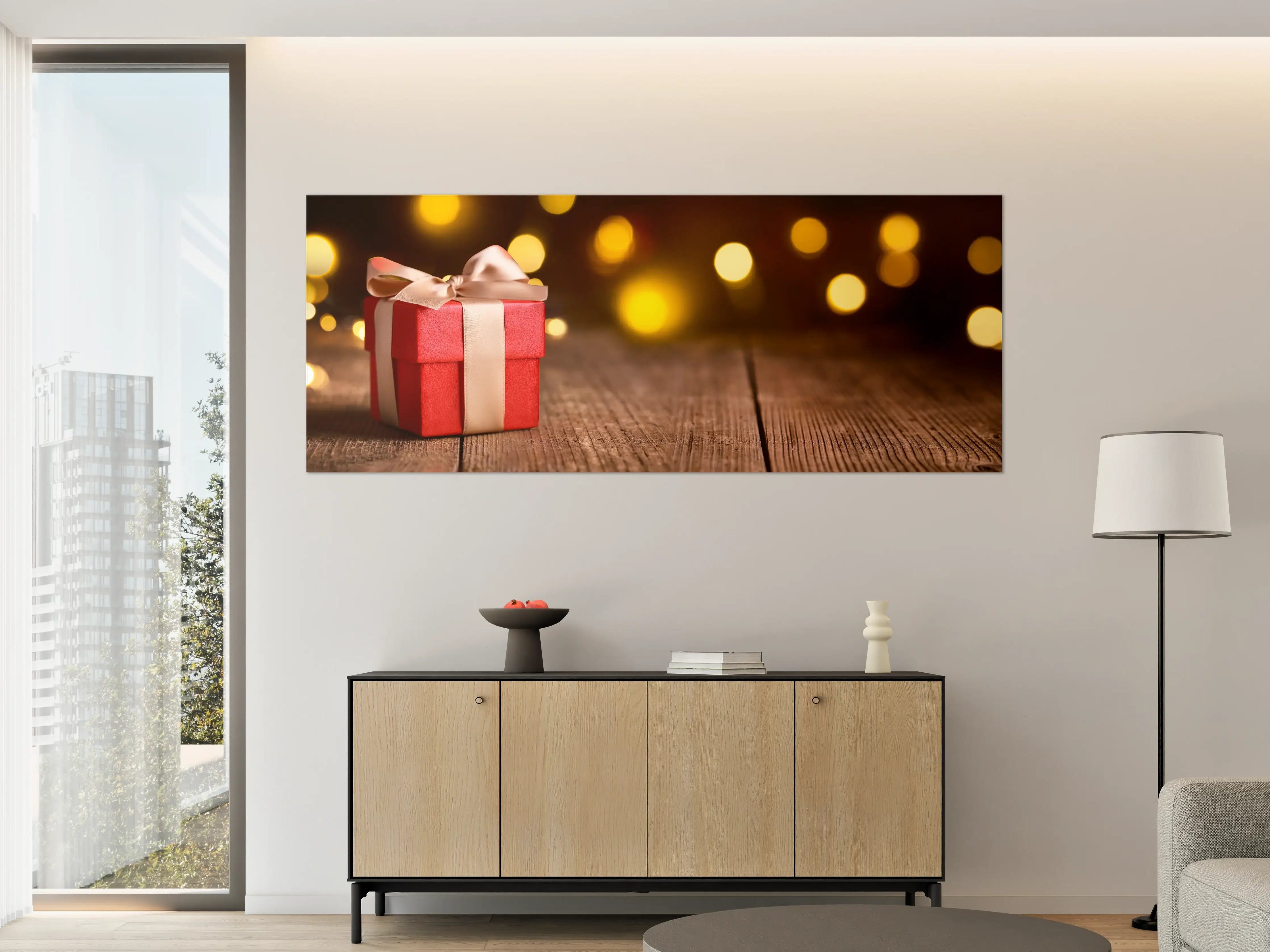 Große Wandbilder - Weihnachtsgeschenk auf festlichem Hintergrund