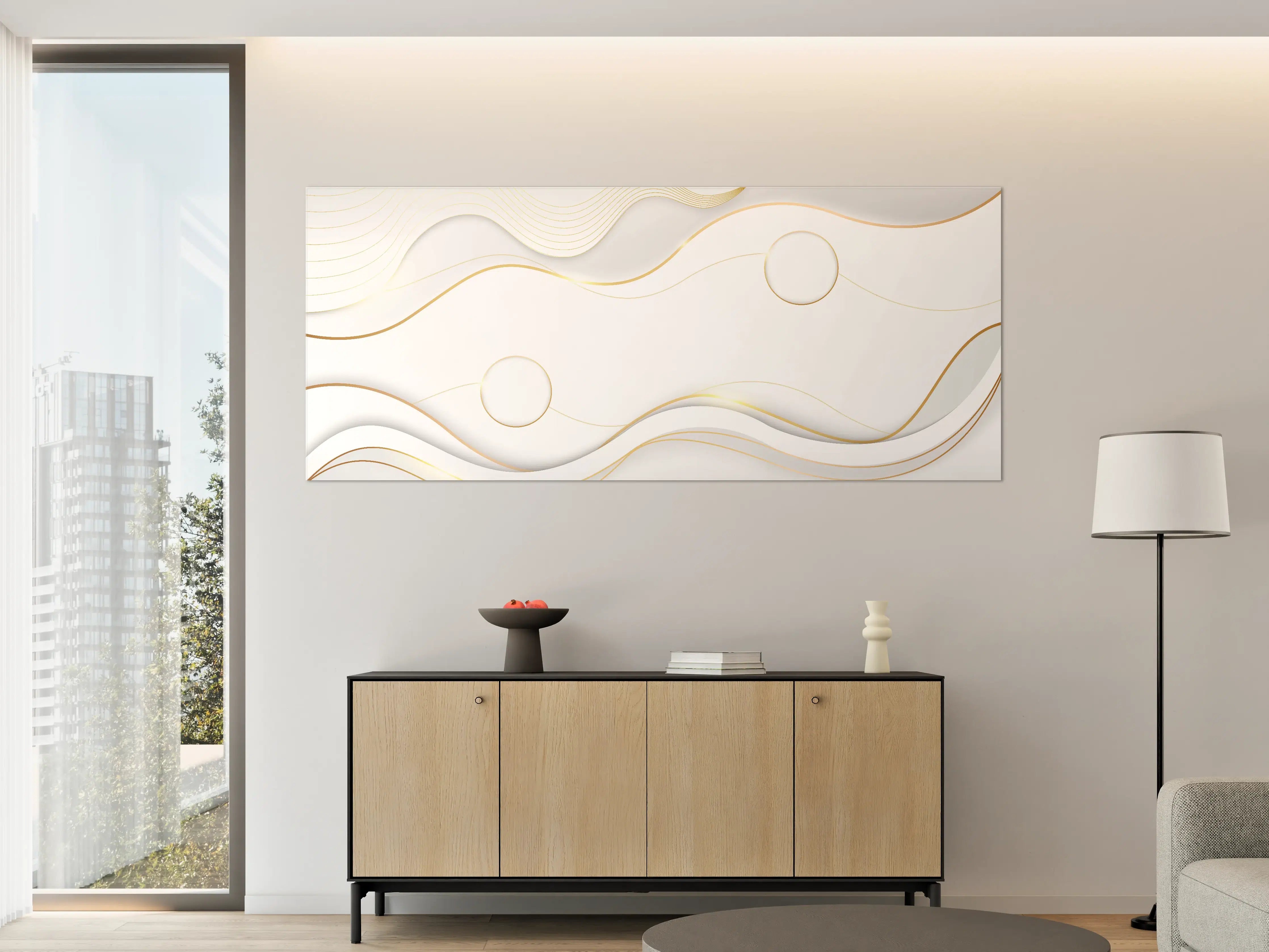 Große Wandbilder - Weiß-Goldene Wellen Grafik