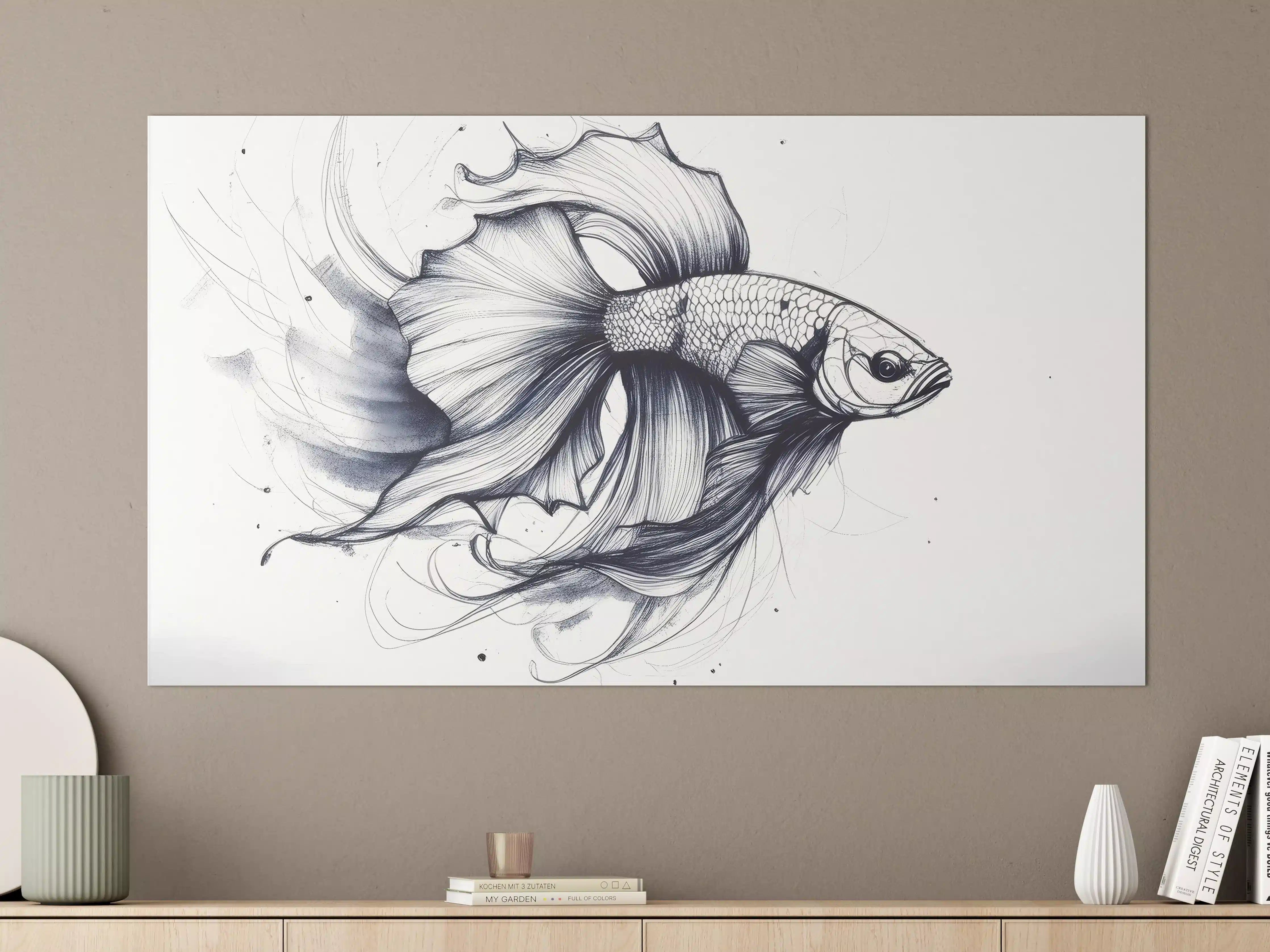Große Wandbilder - Weiß-Grau Betta-Fisch Illustration