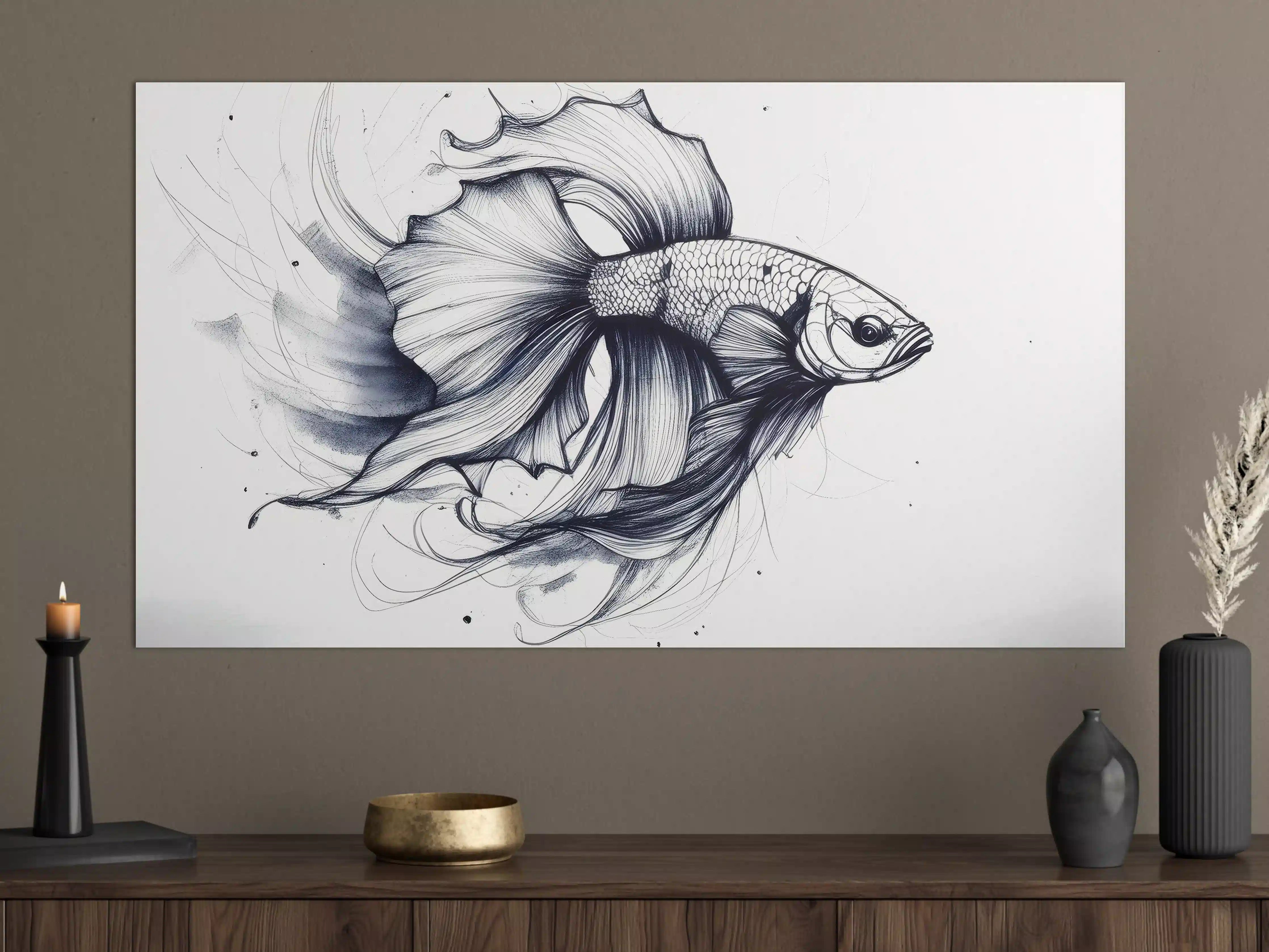 Große Wandbilder - Weiß-Grau Betta-Fisch Illustration