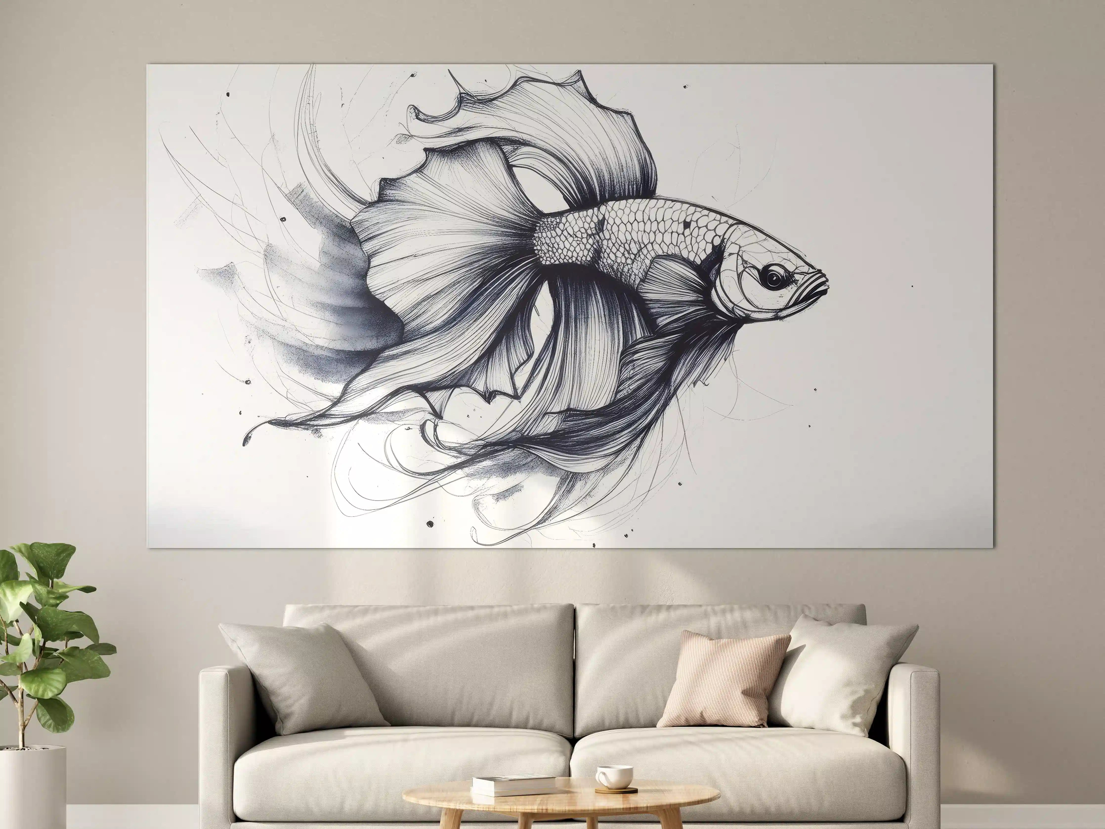 Große Wandbilder - Weiß-Grau Betta-Fisch Illustration
