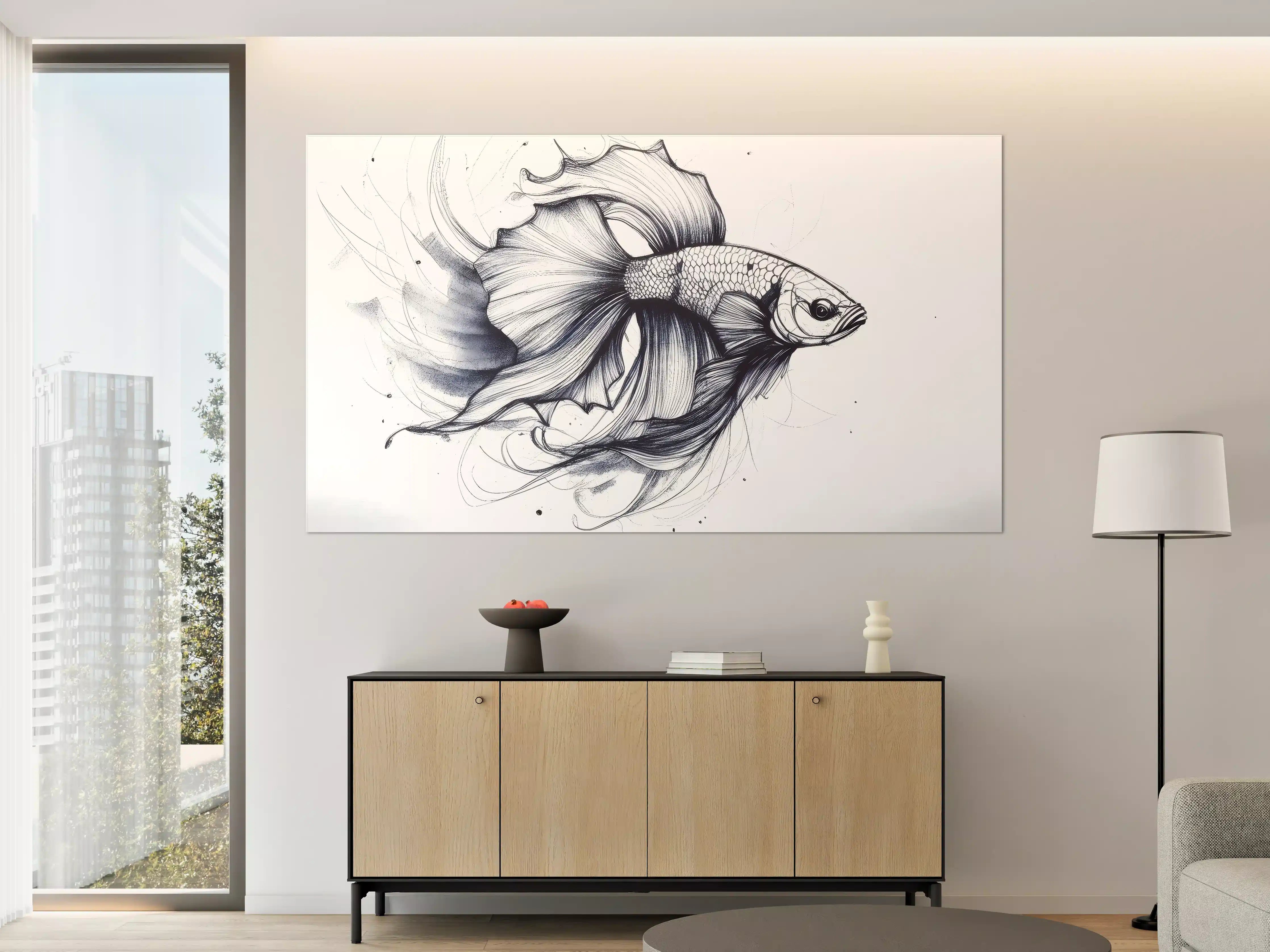 Große Wandbilder - Weiß-Grau Betta-Fisch Illustration