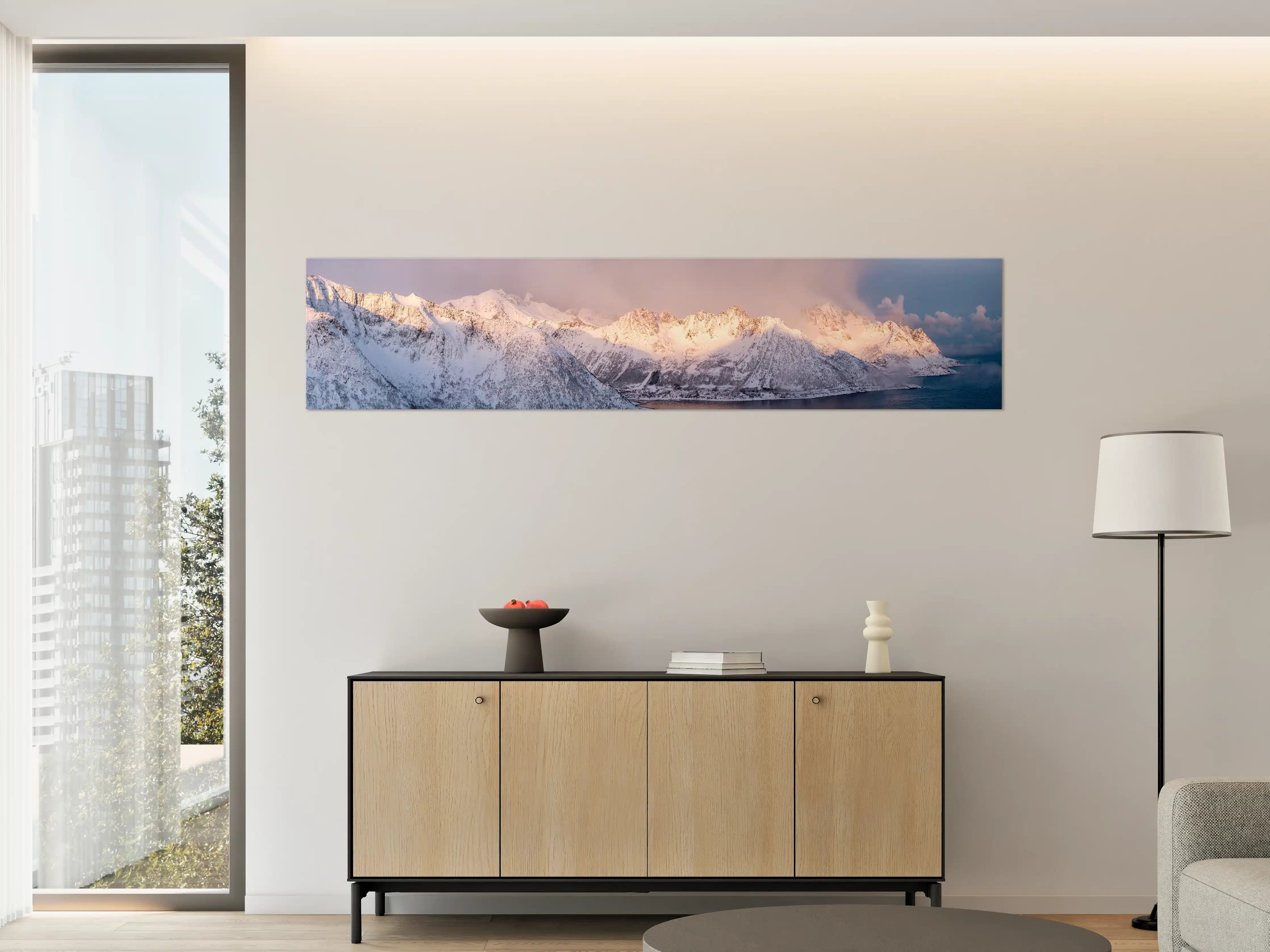 Große Wandbilder - Weiß-Grau-Blau Bergpanorama Norwegen