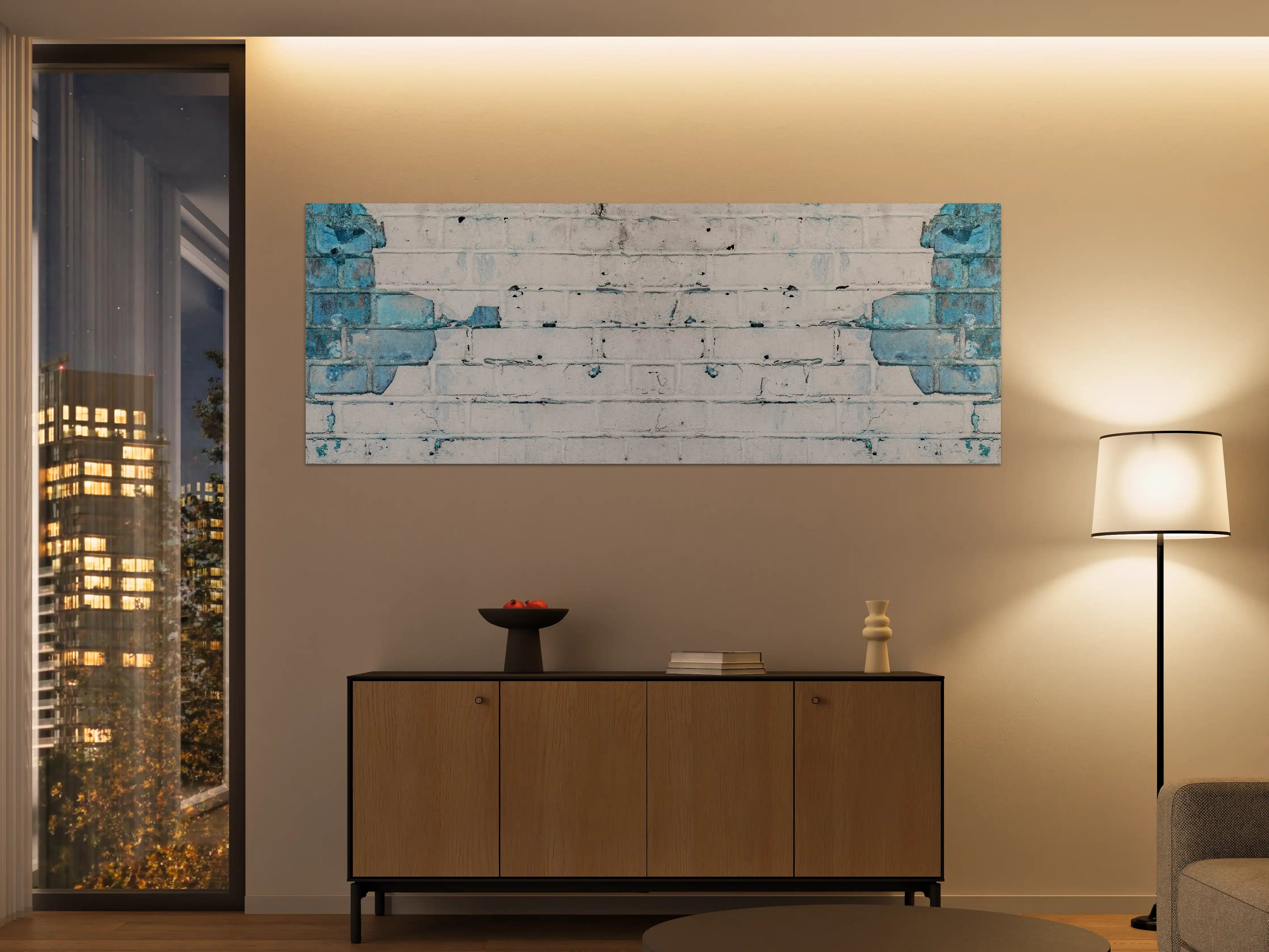 Große Wandbilder - Weiß blau beschädigte Backsteinmauer