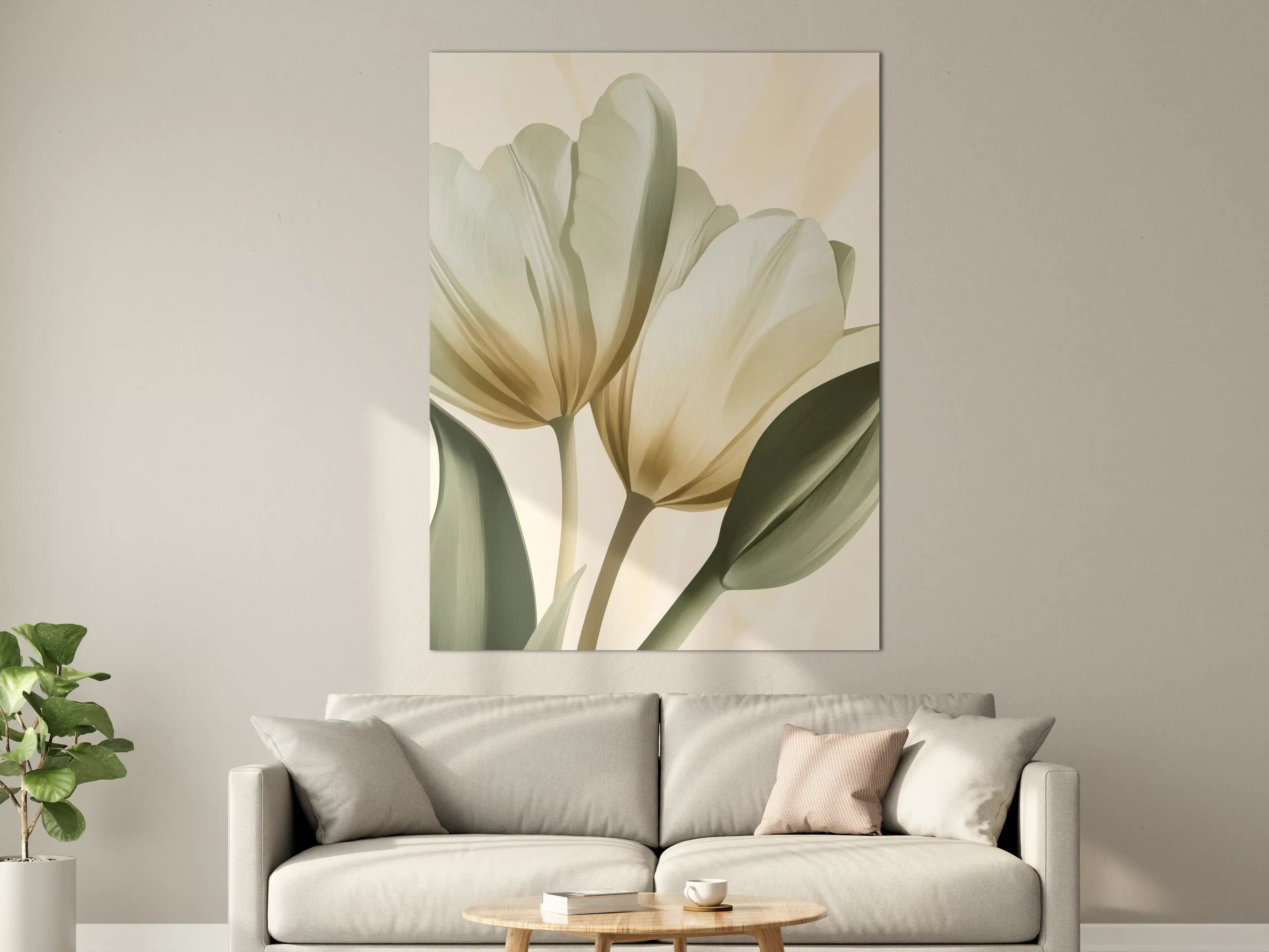 Große Wandbilder - Weiß-graue Tulpen mit grünen Blättern