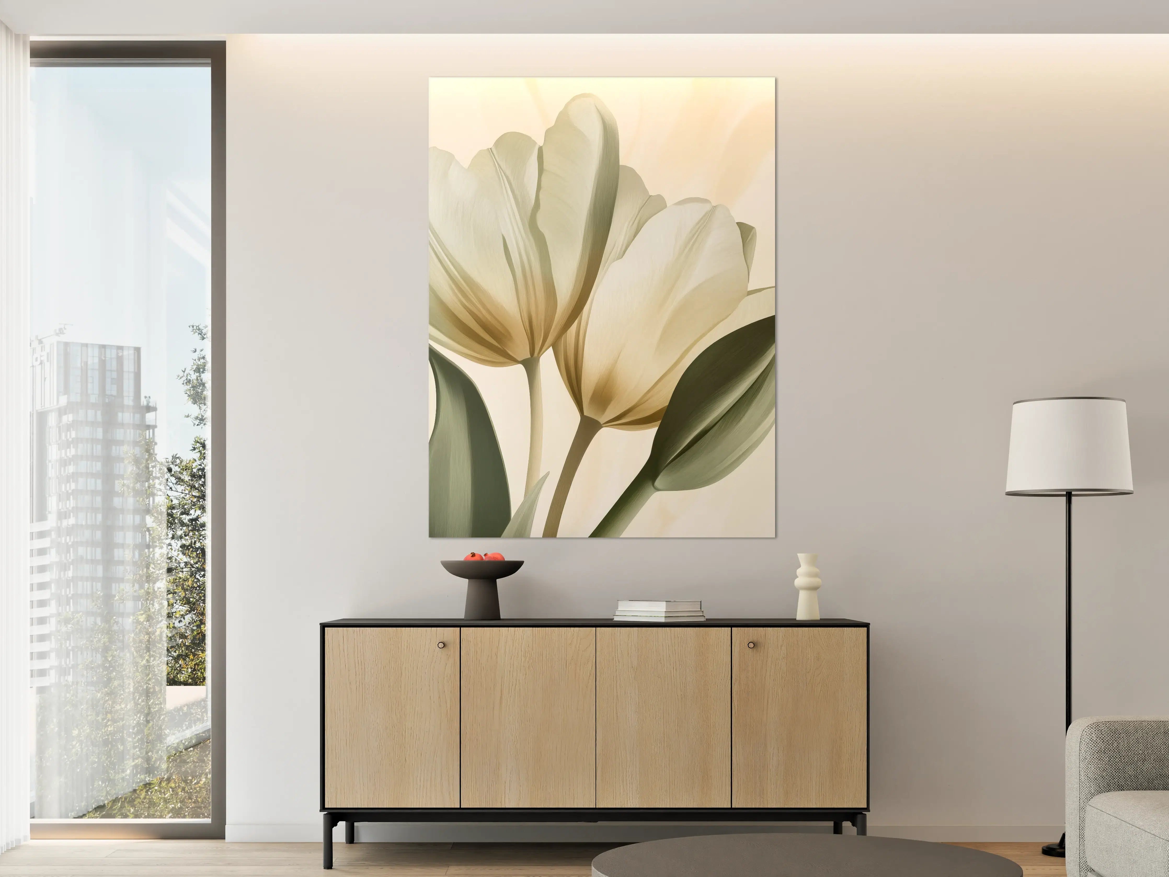 Große Wandbilder - Weiß-graue Tulpen mit grünen Blättern