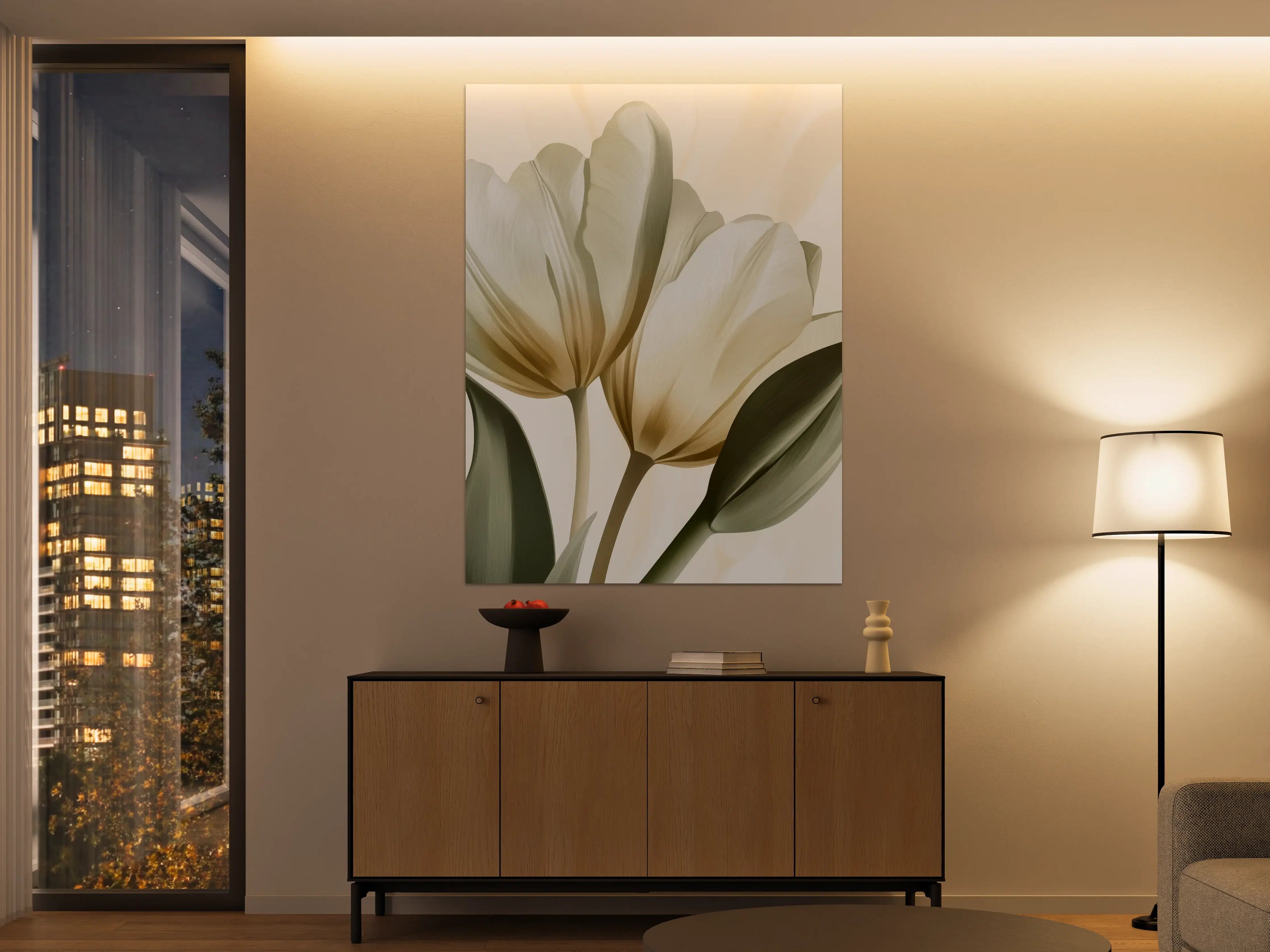 Große Wandbilder - Weiß-graue Tulpen mit grünen Blättern